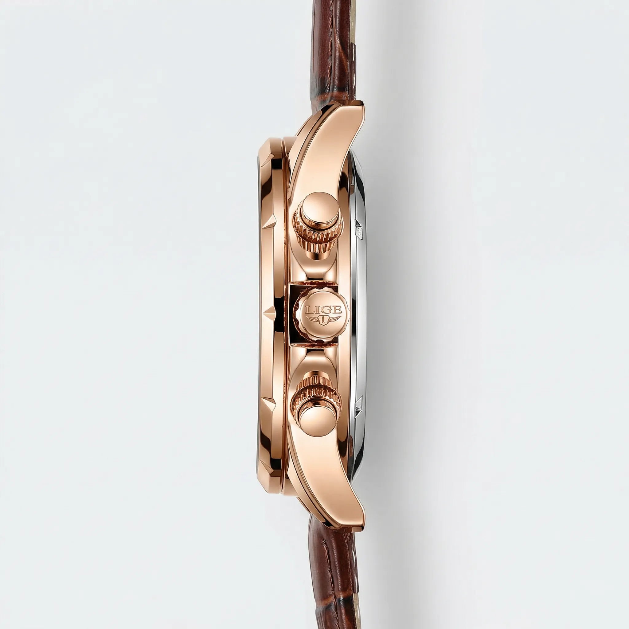 Angled presentation of a rose gold watch with a premium leather band, an elegant dress watch.