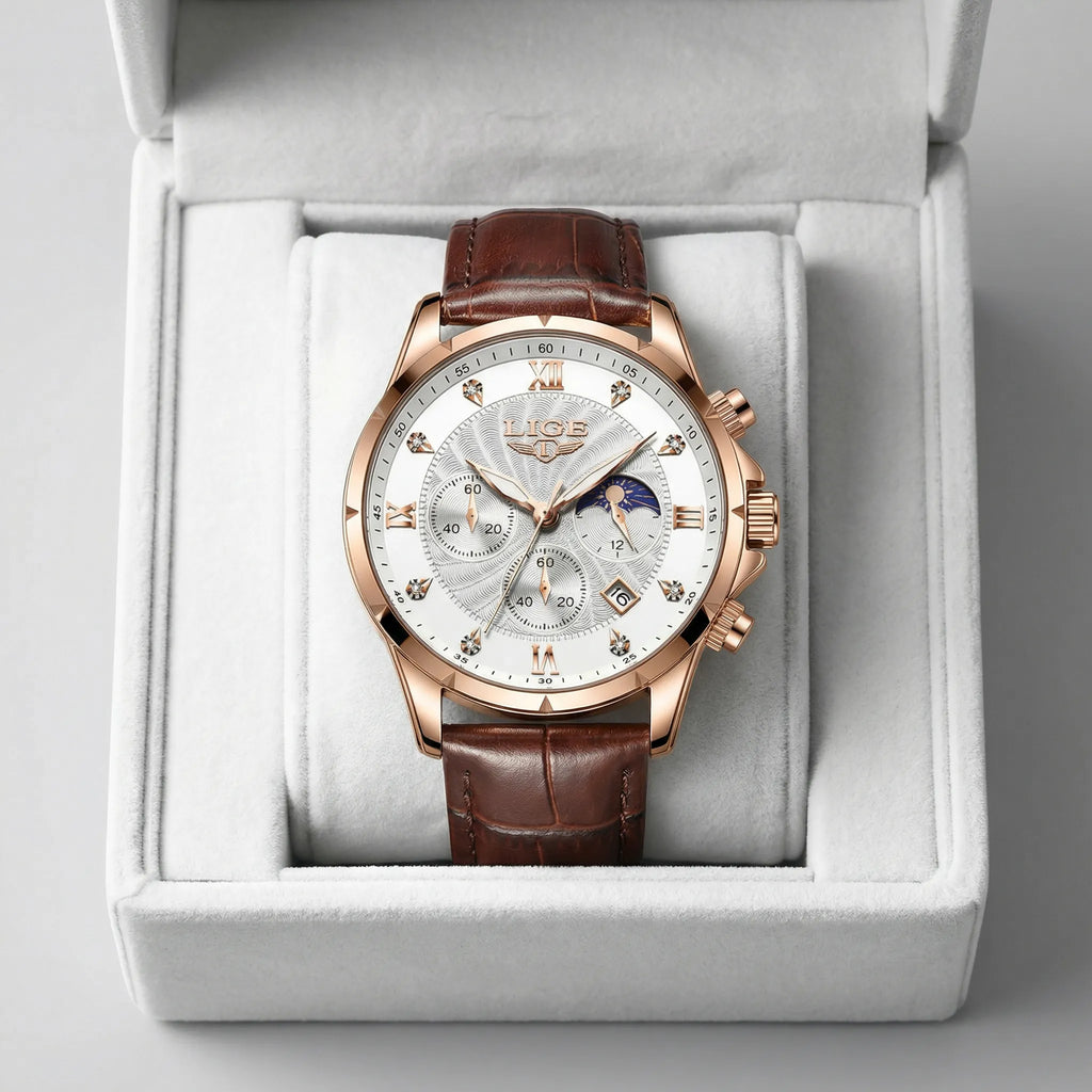 Premium rose gold watch with a leather band presented beautifully, a top choice for watches for men.
