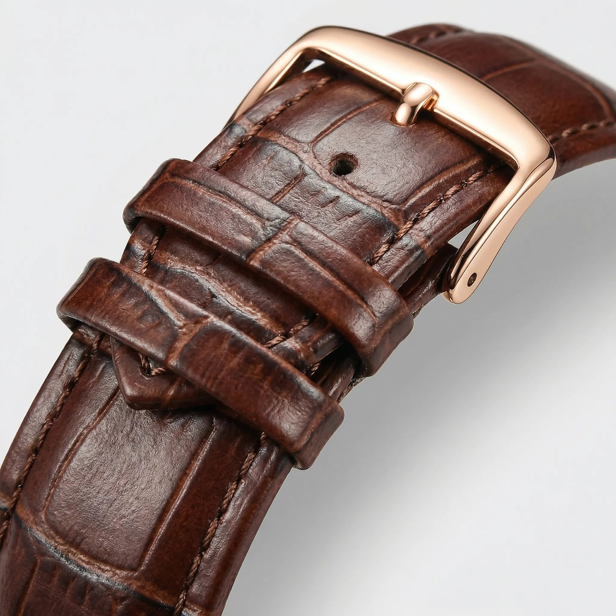 Back view of a rose gold watch, demonstrating its durable and slim profile.