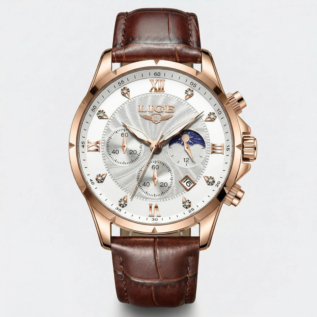 Detailed front view of a rose gold watch with a white dial, a sophisticated leather strap watch.