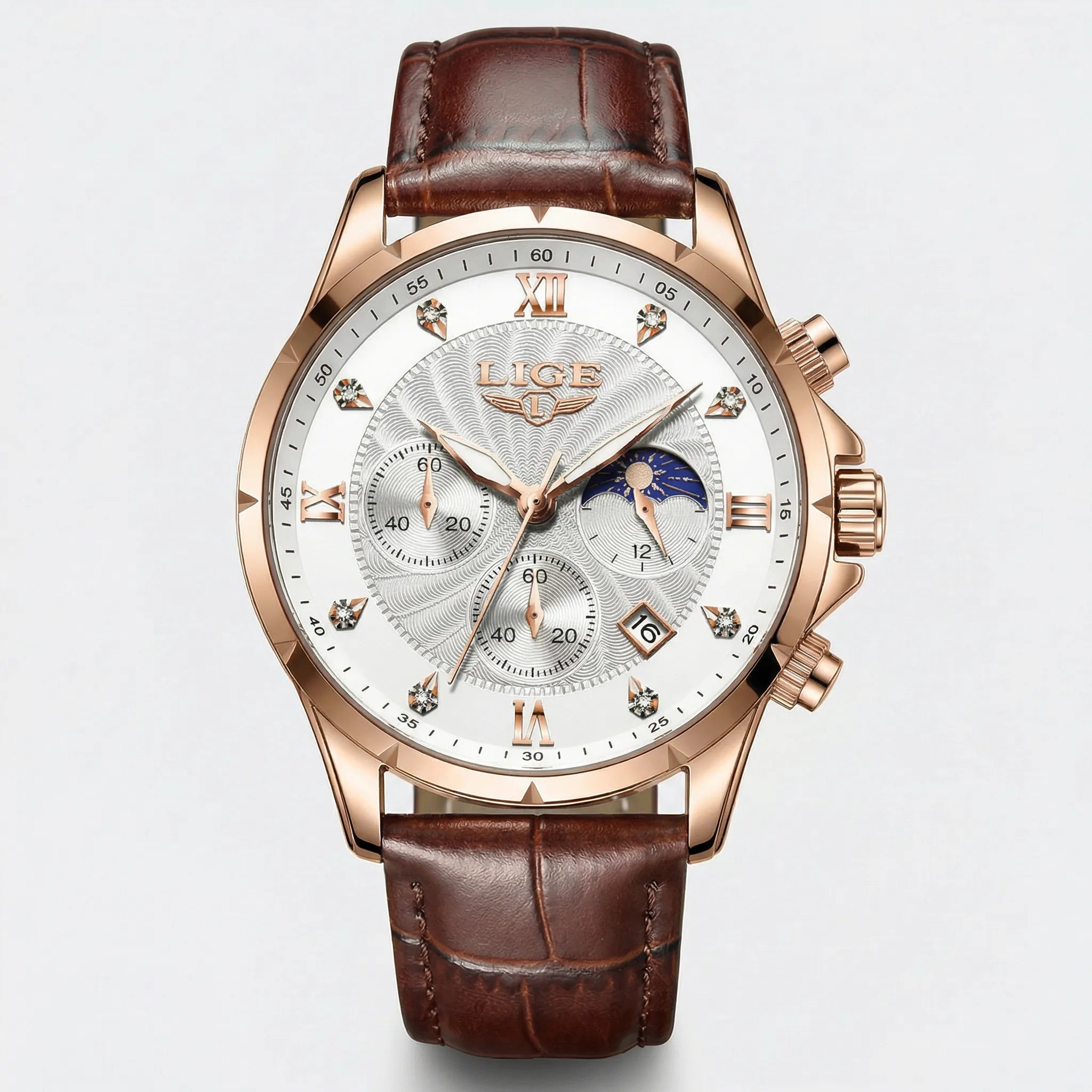 Detailed front view of a rose gold watch with a white dial, a sophisticated leather strap watch.
