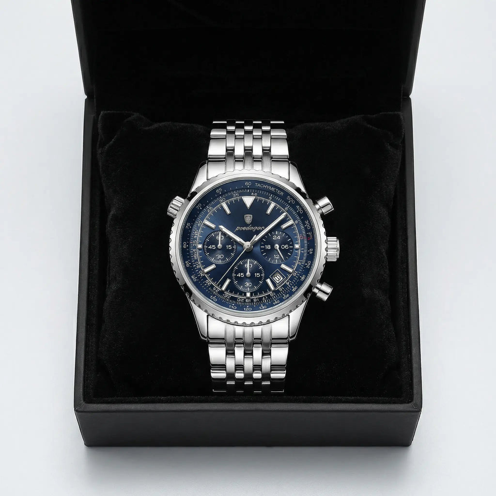 Premium silver watch with a blue dial presented in a luxury gift box, a perfect gift for men.