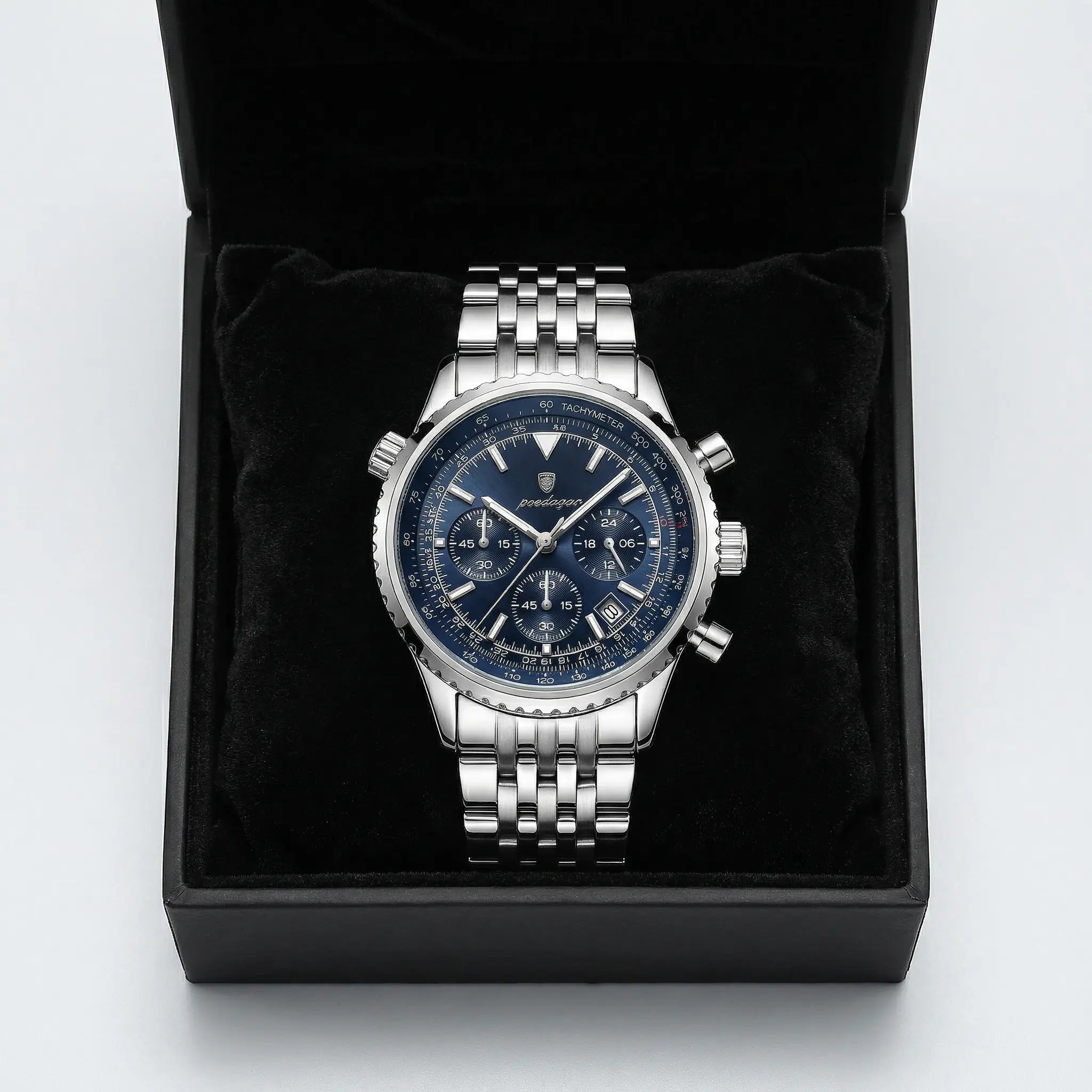 Premium silver watch with a blue dial presented in a luxury gift box, a perfect gift for men.