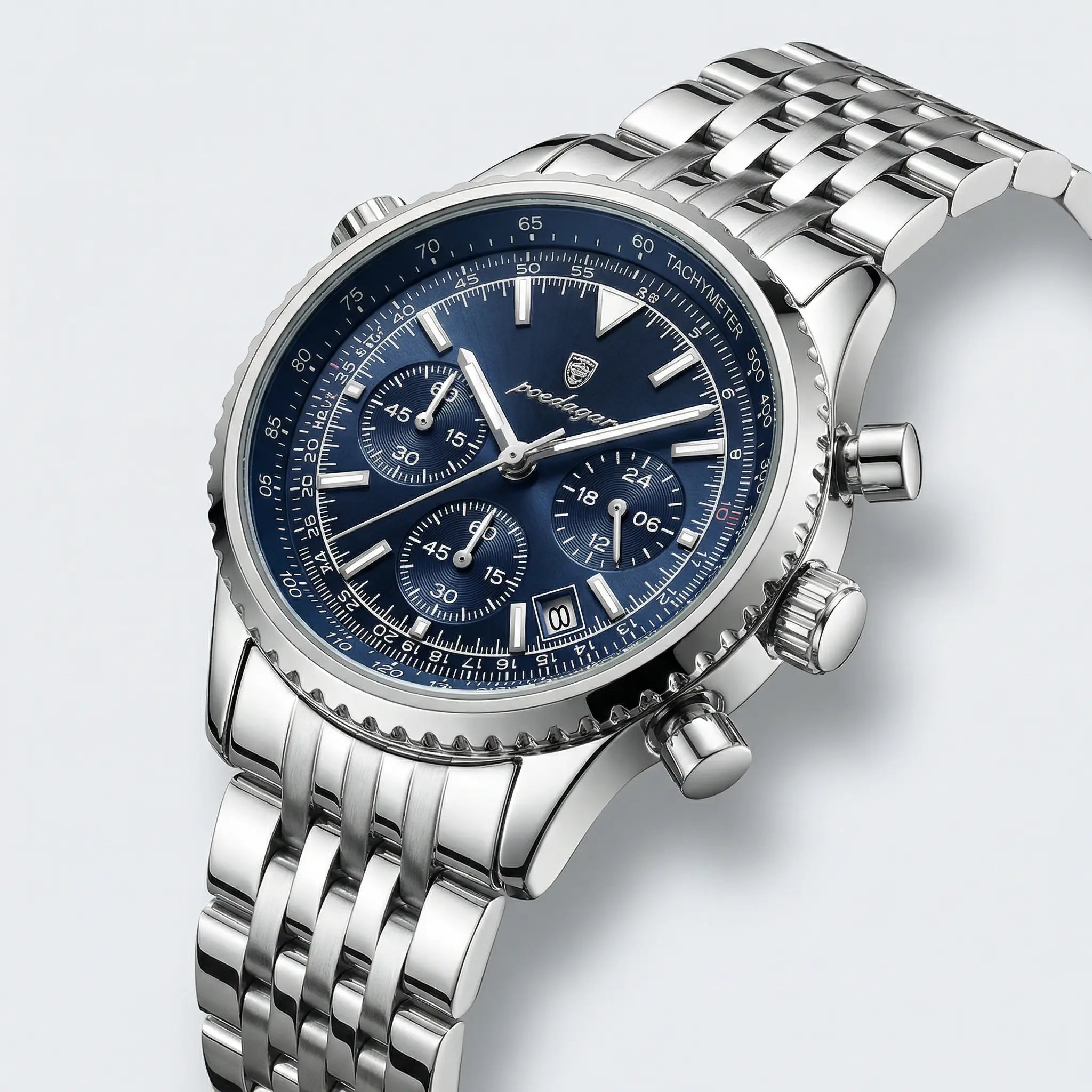 Side profile showcasing the sleek case of a silver watch with a blue dial, a stylish mens silver watch.