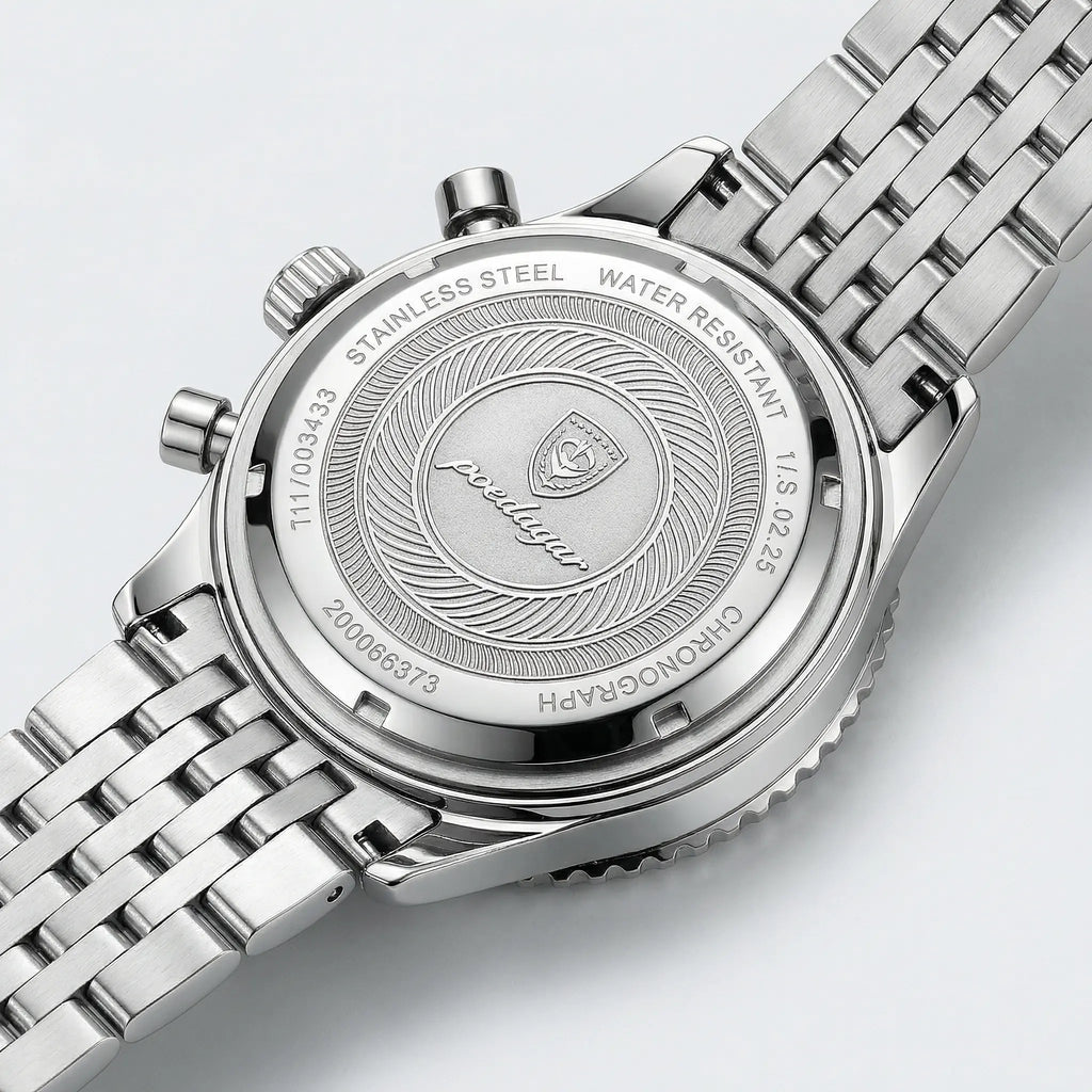 Detailed look at the metallic bracelet of a silver watch with a blue dial, a classic analog watch.
