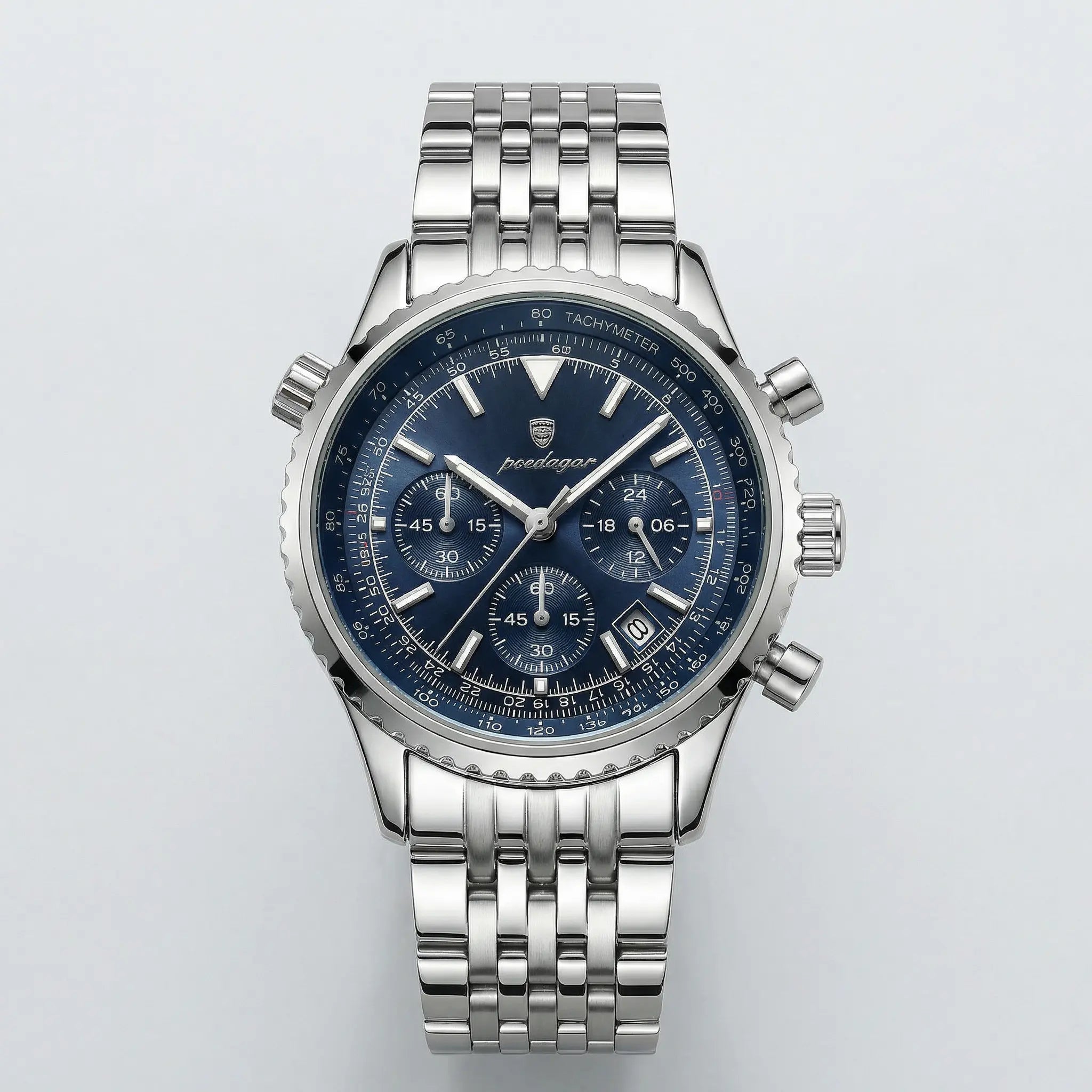 Detailed front view of a silver stainless steel watch with a blue dial, an elegant analog watch.