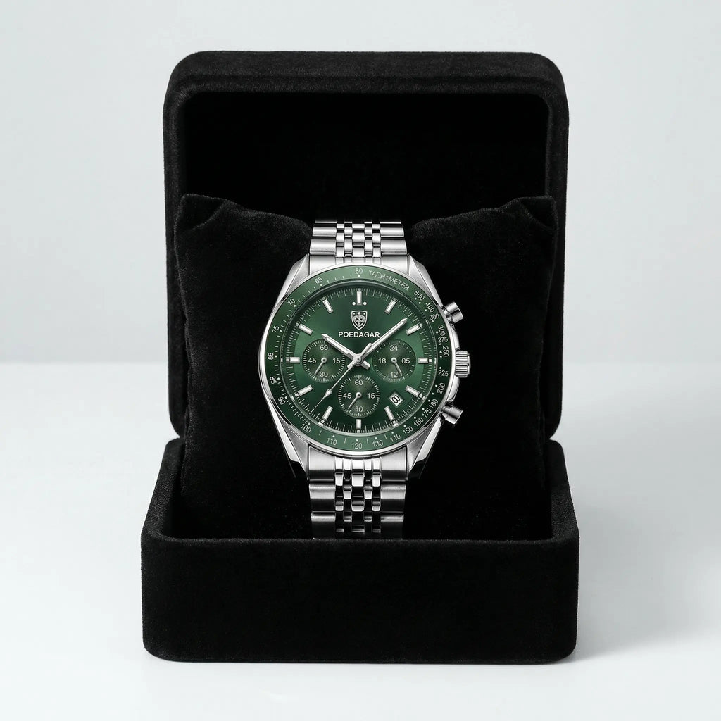 Premium silver watch with a green dial presented in a luxury gift box, a perfect gift among watches for men.