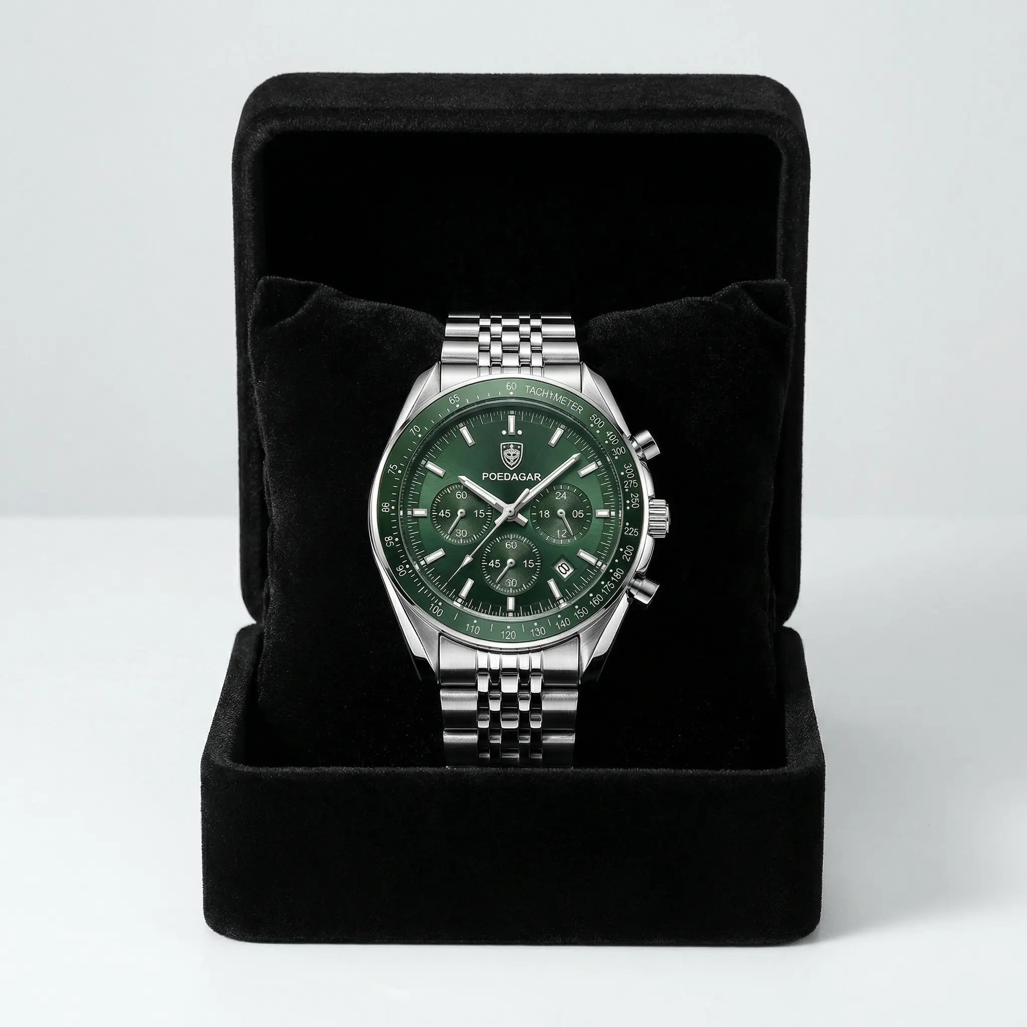 Premium silver watch with a green dial presented in a luxury gift box, a perfect gift among watches for men.
