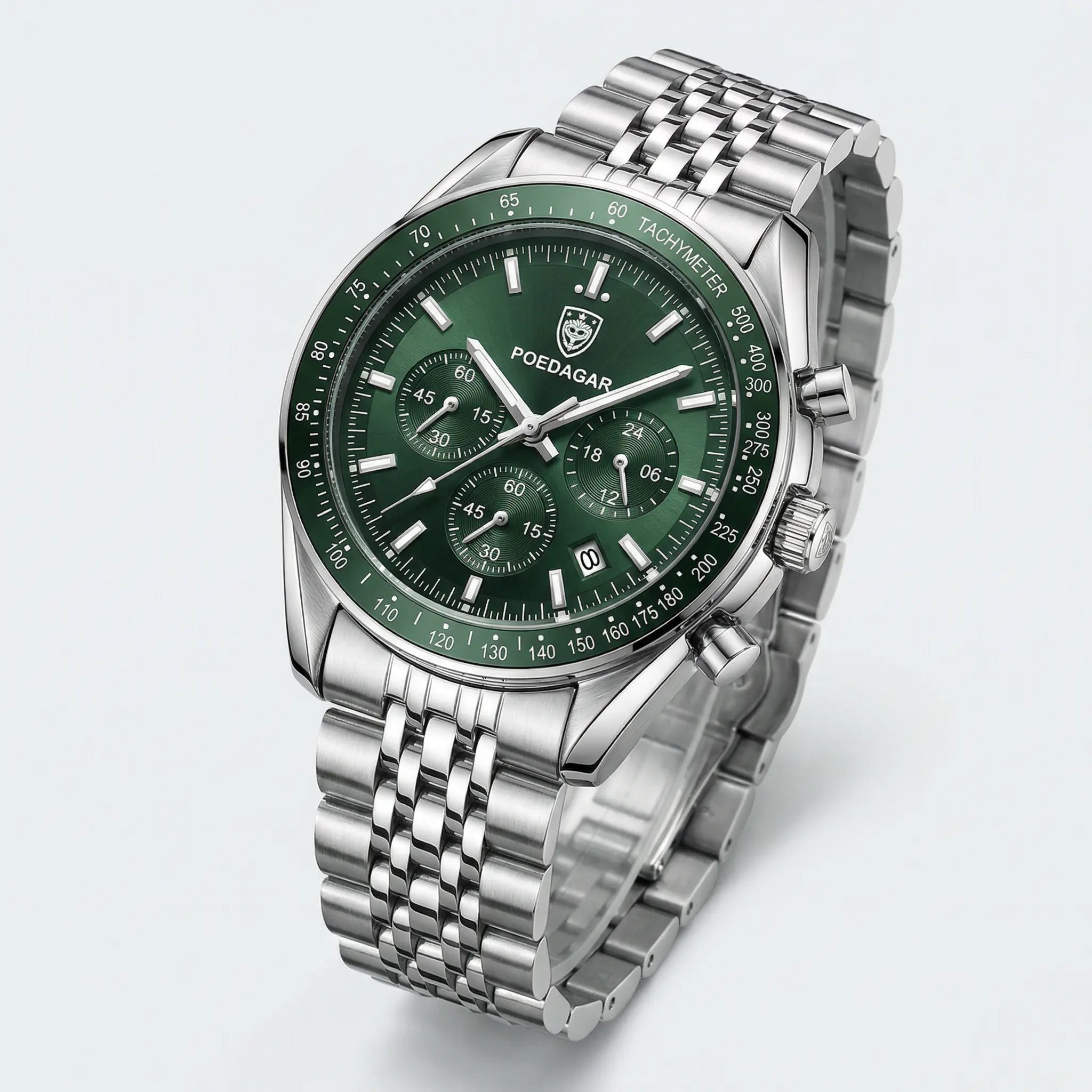 Classic presentation of a silver stainless steel watch, a highly sought-after green dial watch.