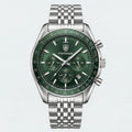 Detailed front view of a silver stainless steel watch with a green dial, a luxury wrist watch for men.