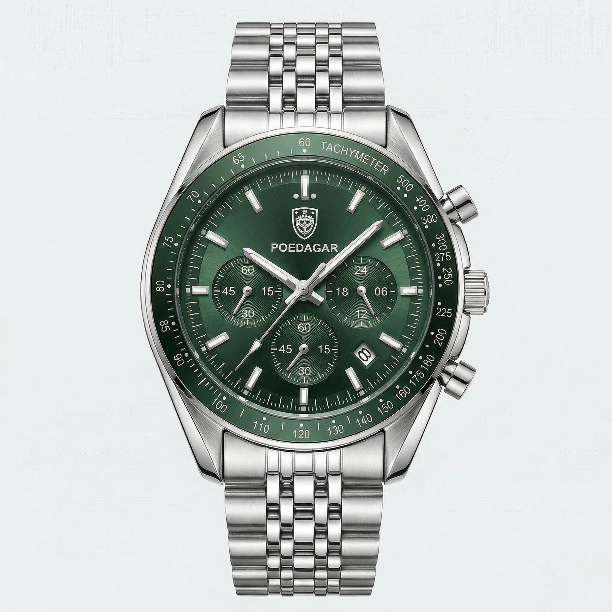 Detailed front view of a silver stainless steel watch with a green dial, a luxury wrist watch for men.