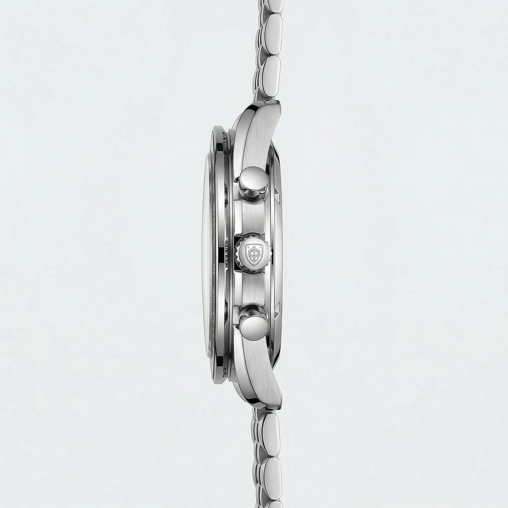 Side profile highlighting the sleek case of a silver green dial watch.