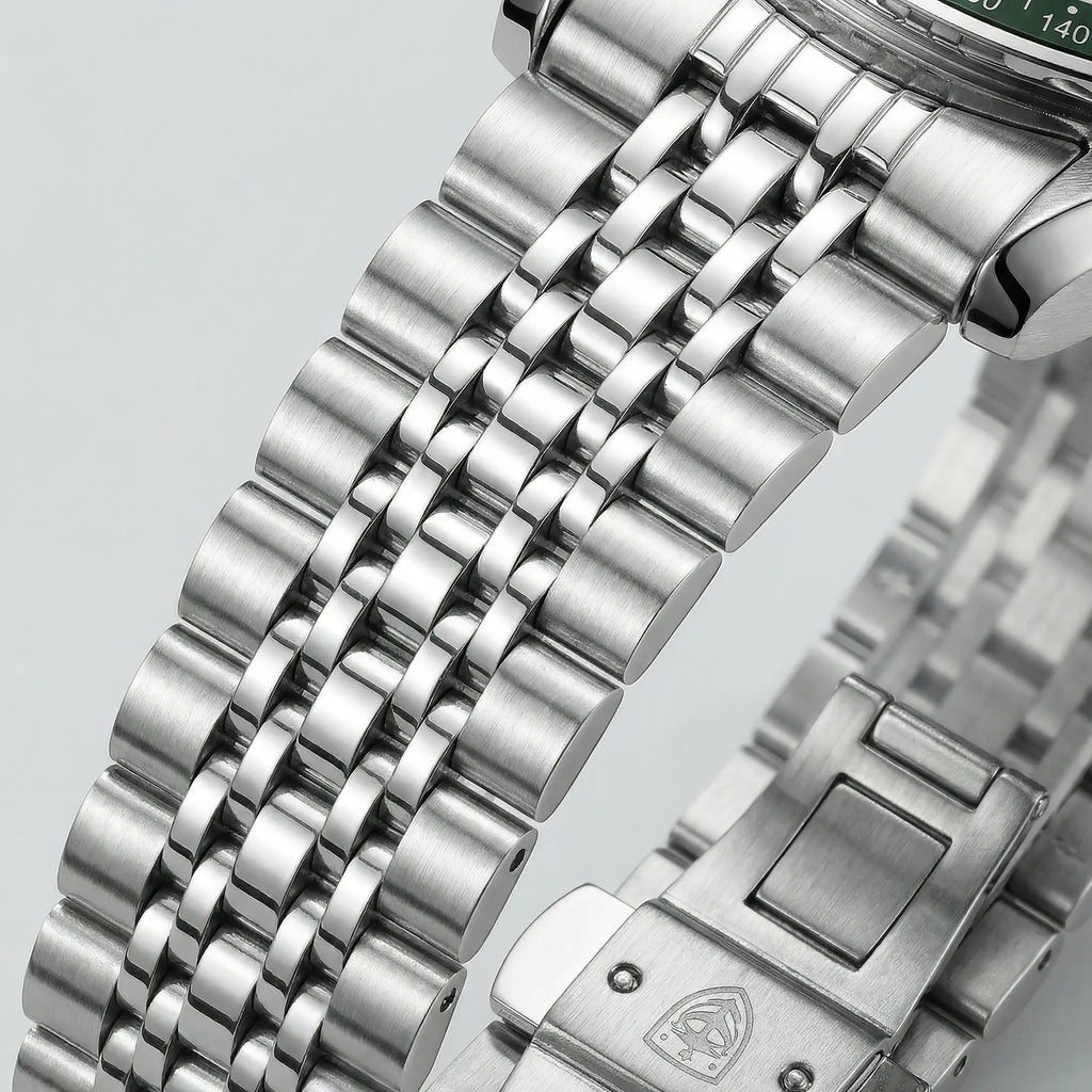 Back case view of a silver stainless steel watch, a durable and stylish watch.