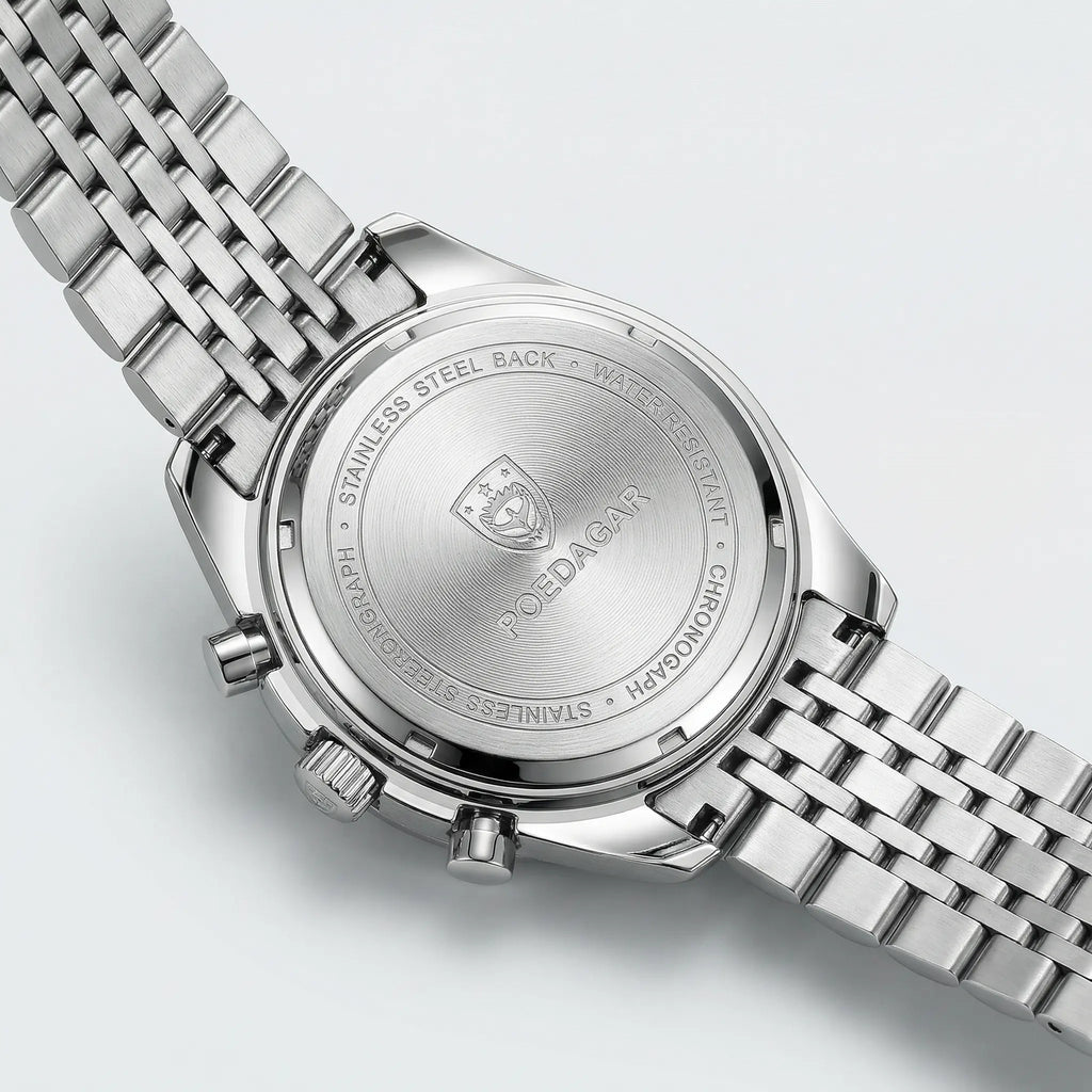 Detailed look at the metallic bracelet of a silver watch, a classic analog watch for men.