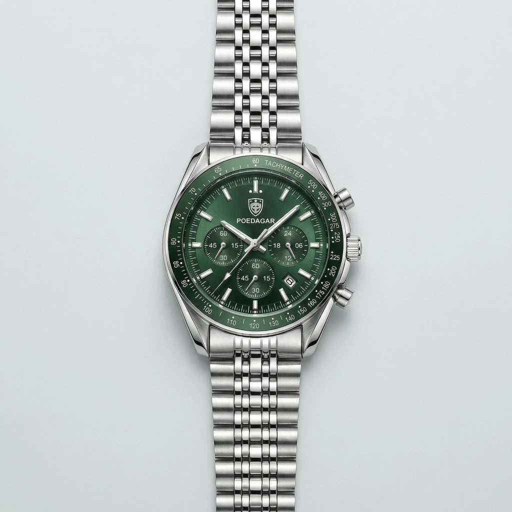 Angled shot of an elegant silver watch with a green dial, one of the best watches for men.