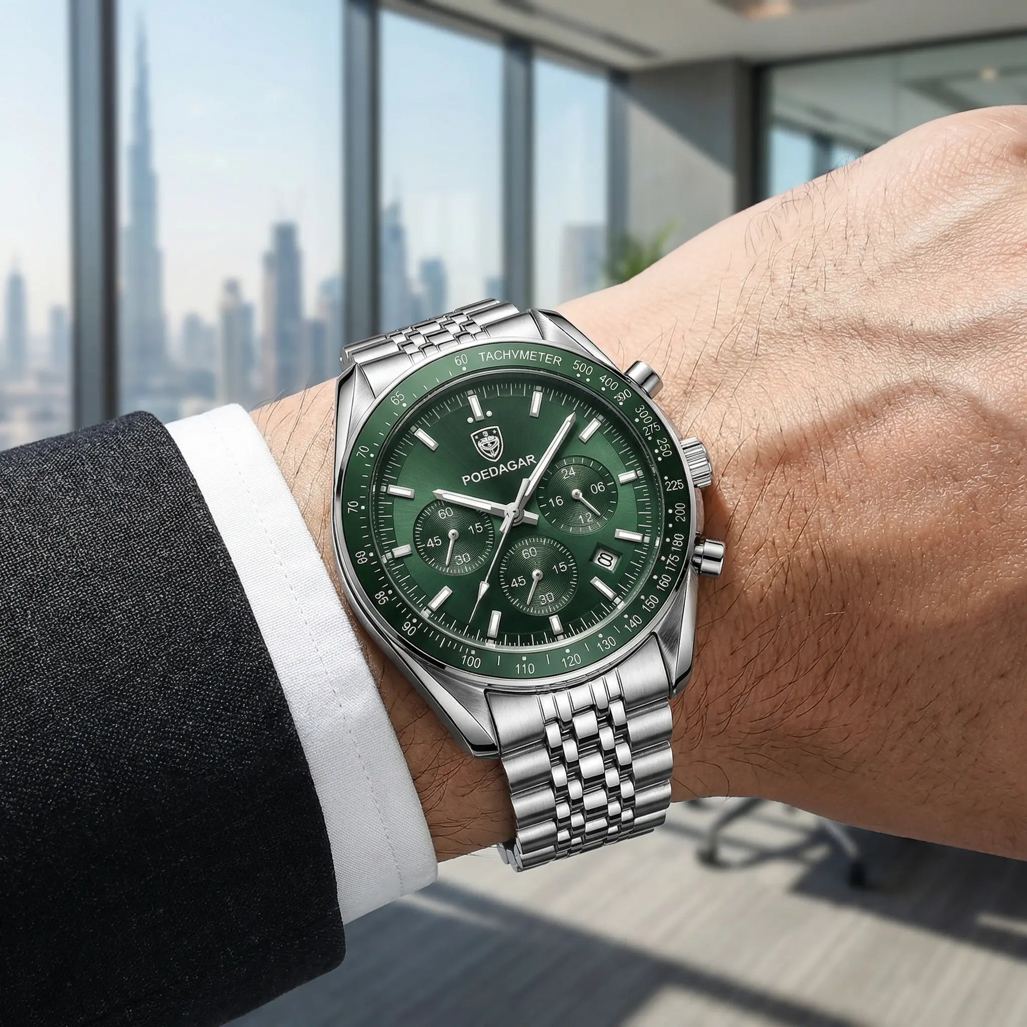 Man wearing a silver stainless steel watch with a green dial on his wrist, showcasing an elegant everyday look.