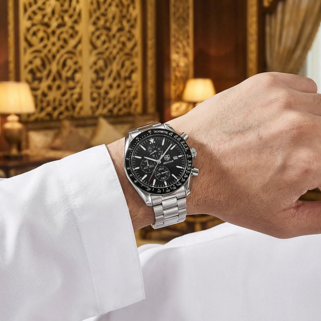 Classic straight-on view of a racing sport watch with a black dial, a premium active lifestyle accessory.