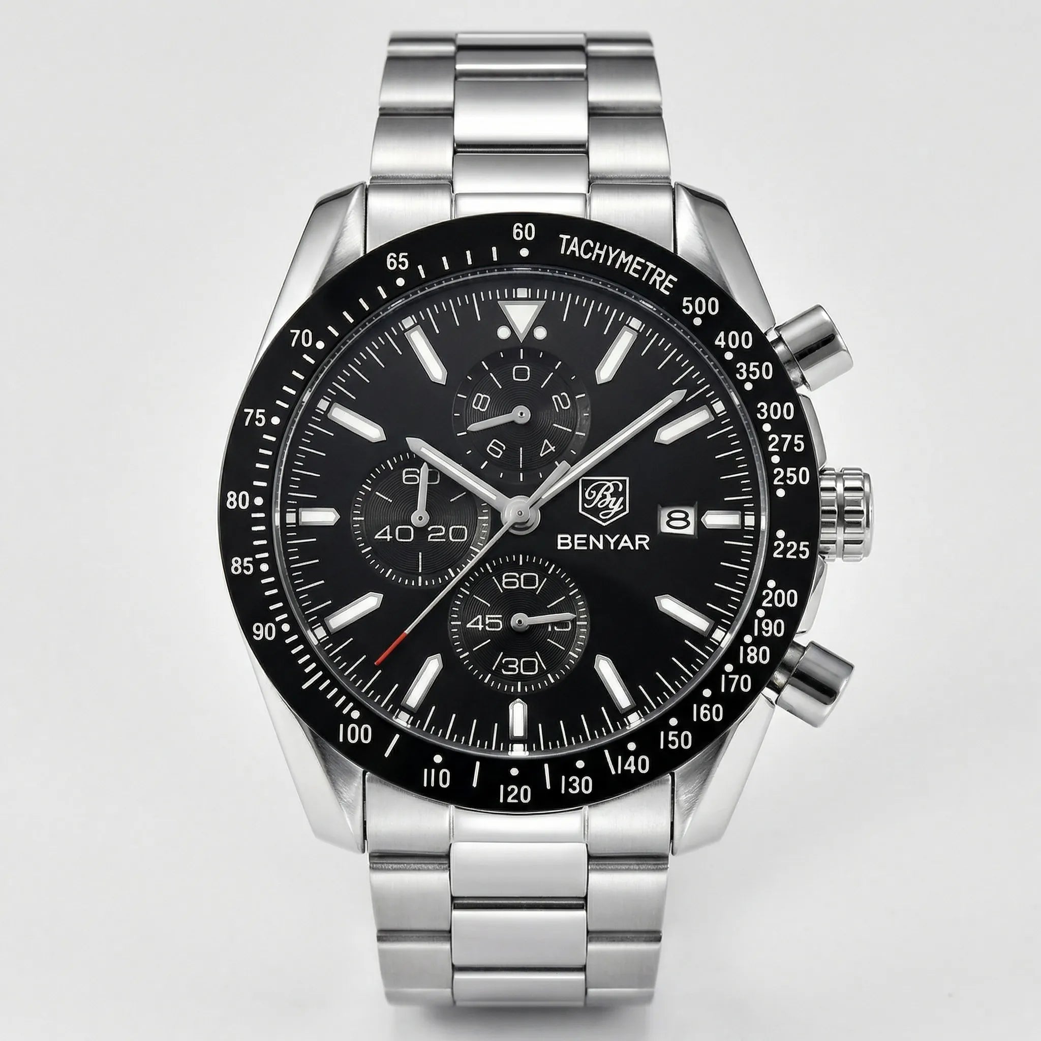 Detailed front view of a racing chronograph watch with a black dial and silver accents, a dynamic sports watch.