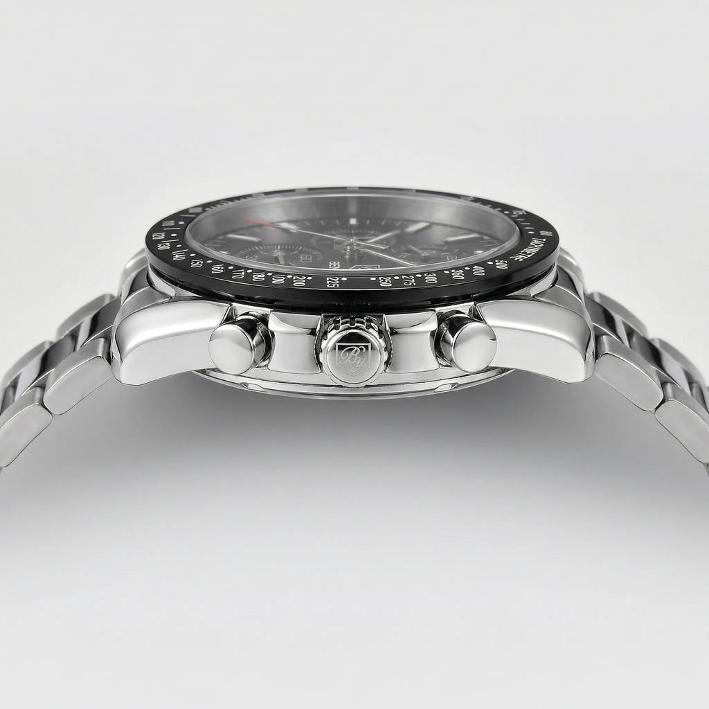 Angled presentation of a racing style sports watch, a highly stylish analog watch for men.