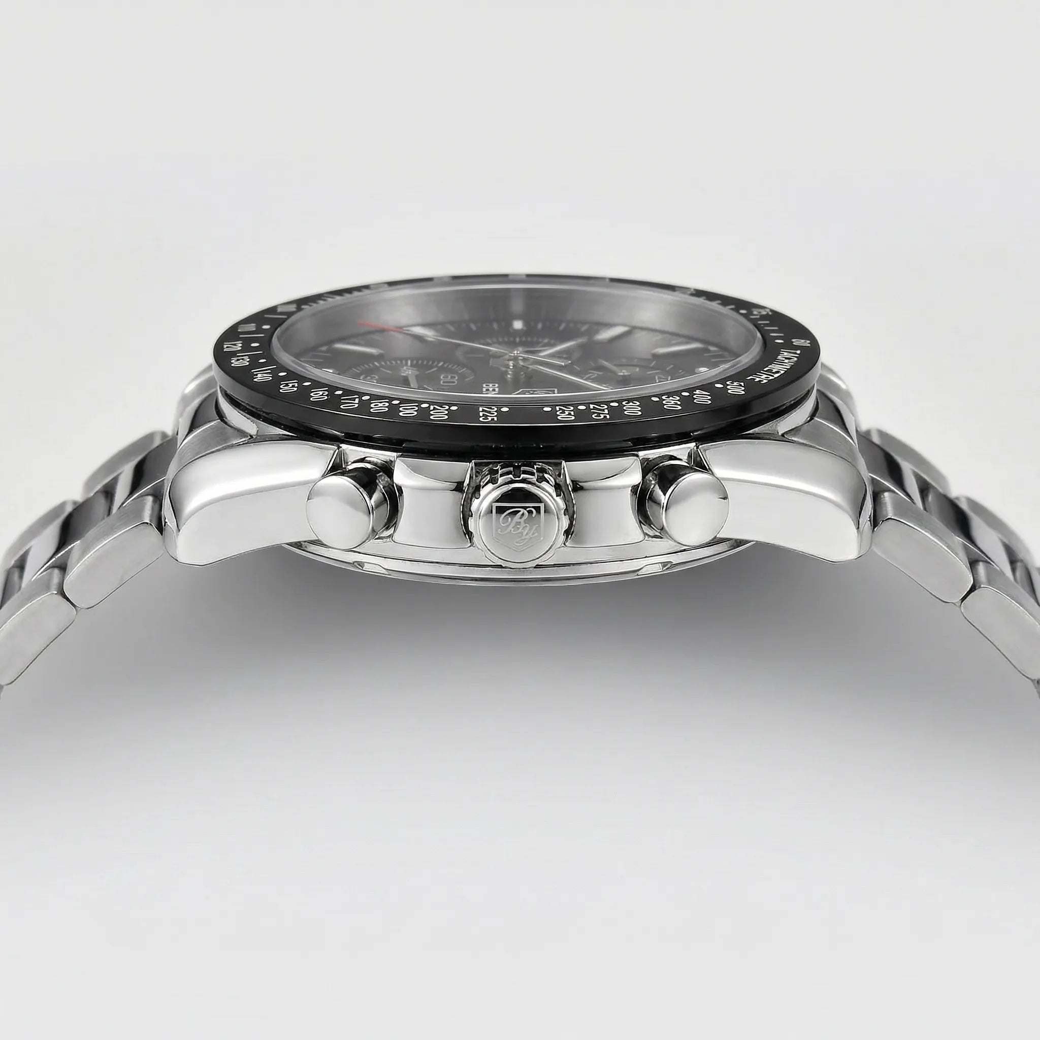 Angled presentation of a racing style sports watch, a highly stylish analog watch for men.