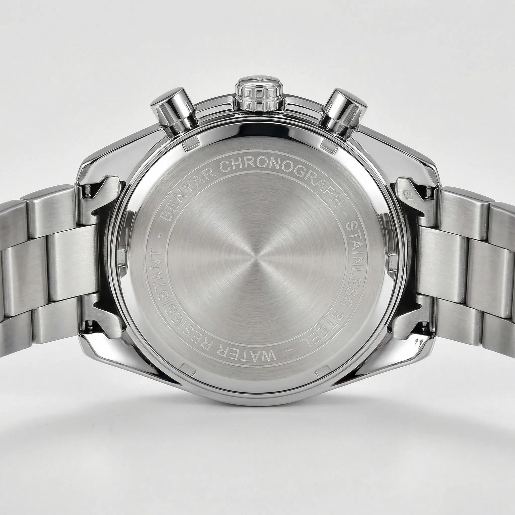 Side profile showing the unique Tonneau case of a racing chronograph watch, an innovative black watch for men.