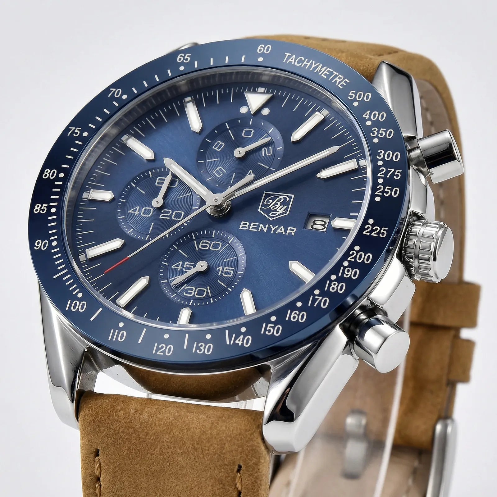 Detailed view of the premium brown leather strap on a racing style sports watch.