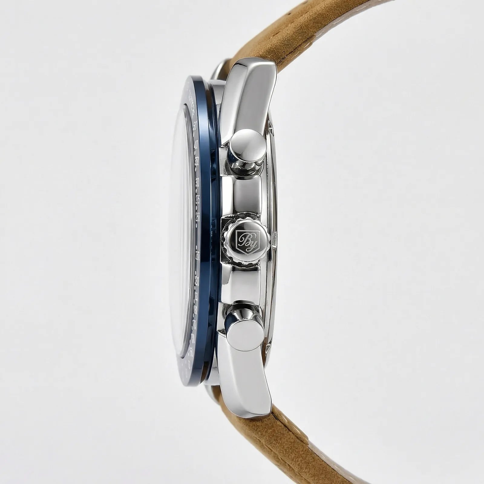 Angled presentation of a racing sport watch with a brown leather strap, an eye-catching blue dial watch.