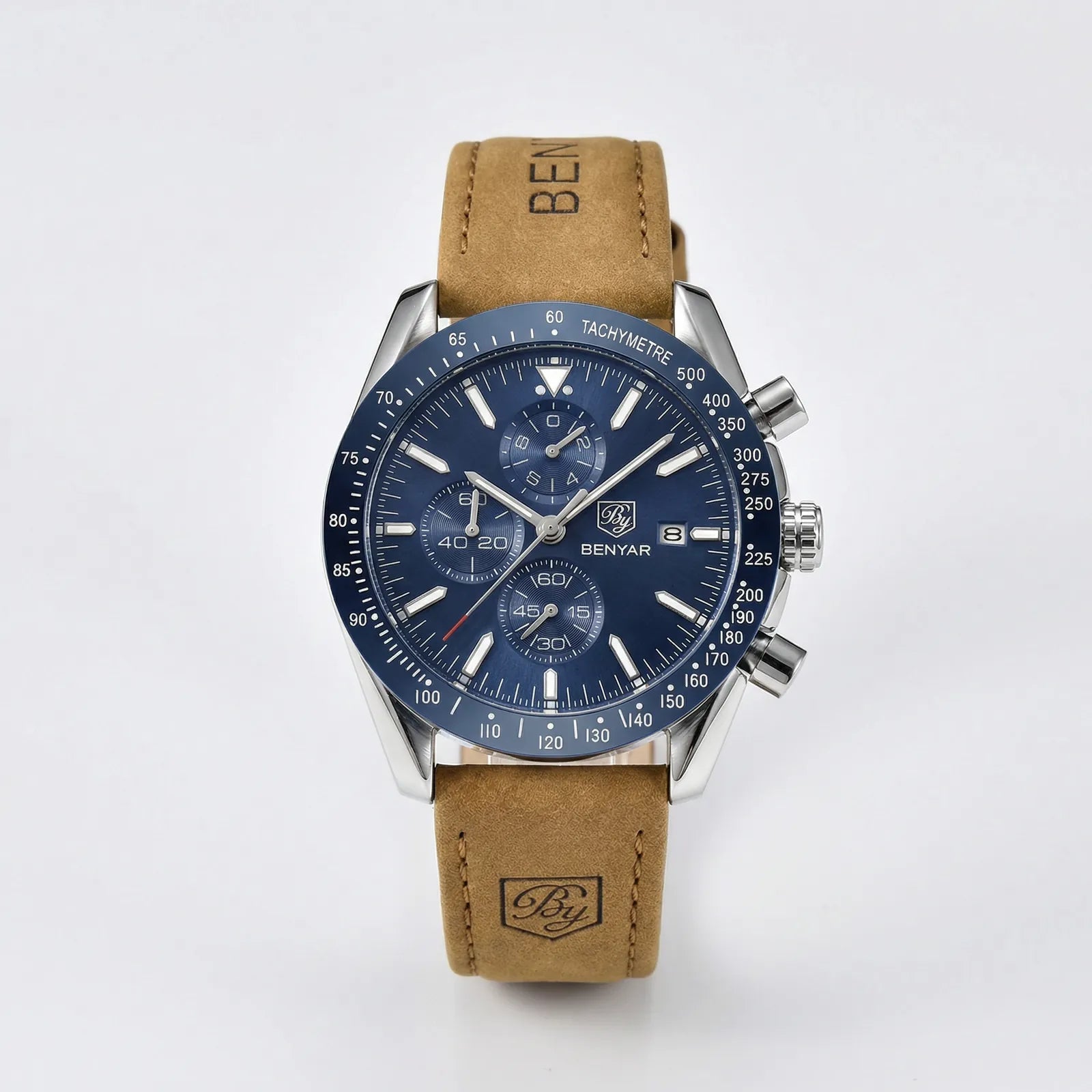 Detailed front view of a racing chronograph watch with a blue dial, a dynamic sports watch for men.