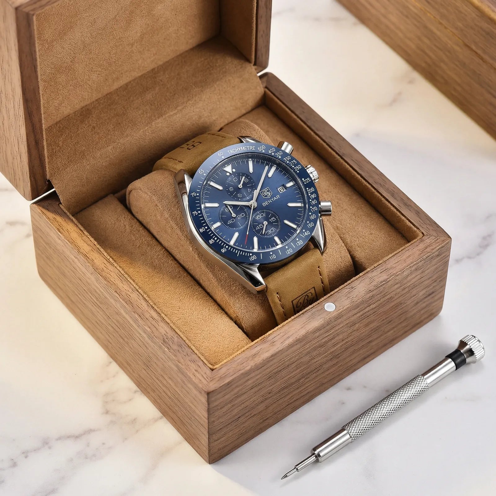 Close-up of the precision sub-dials on a racing chronograph watch, a highly capable analog watch.
