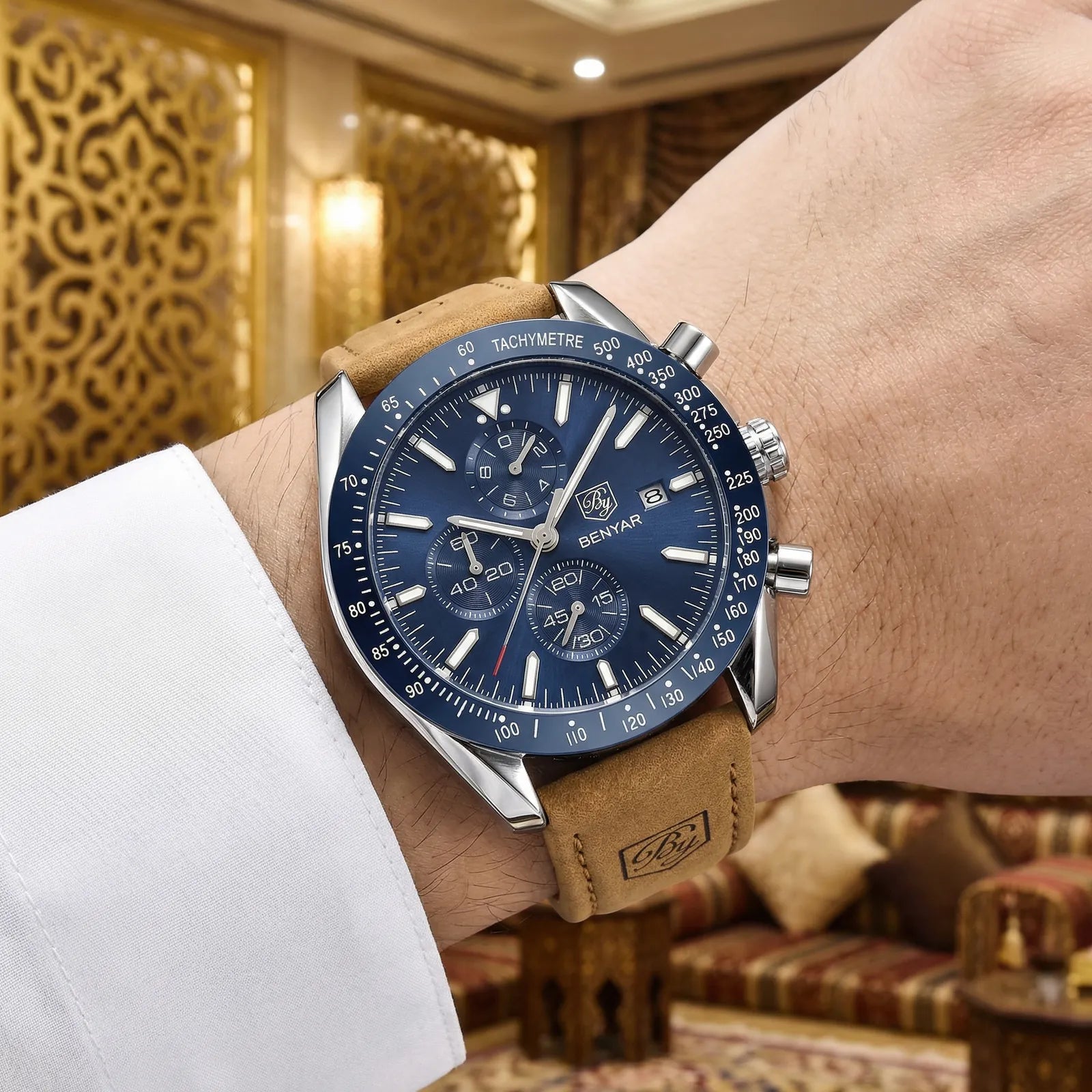 Premium racing sport watch with a blue dial presented elegantly, a standout wrist watch.