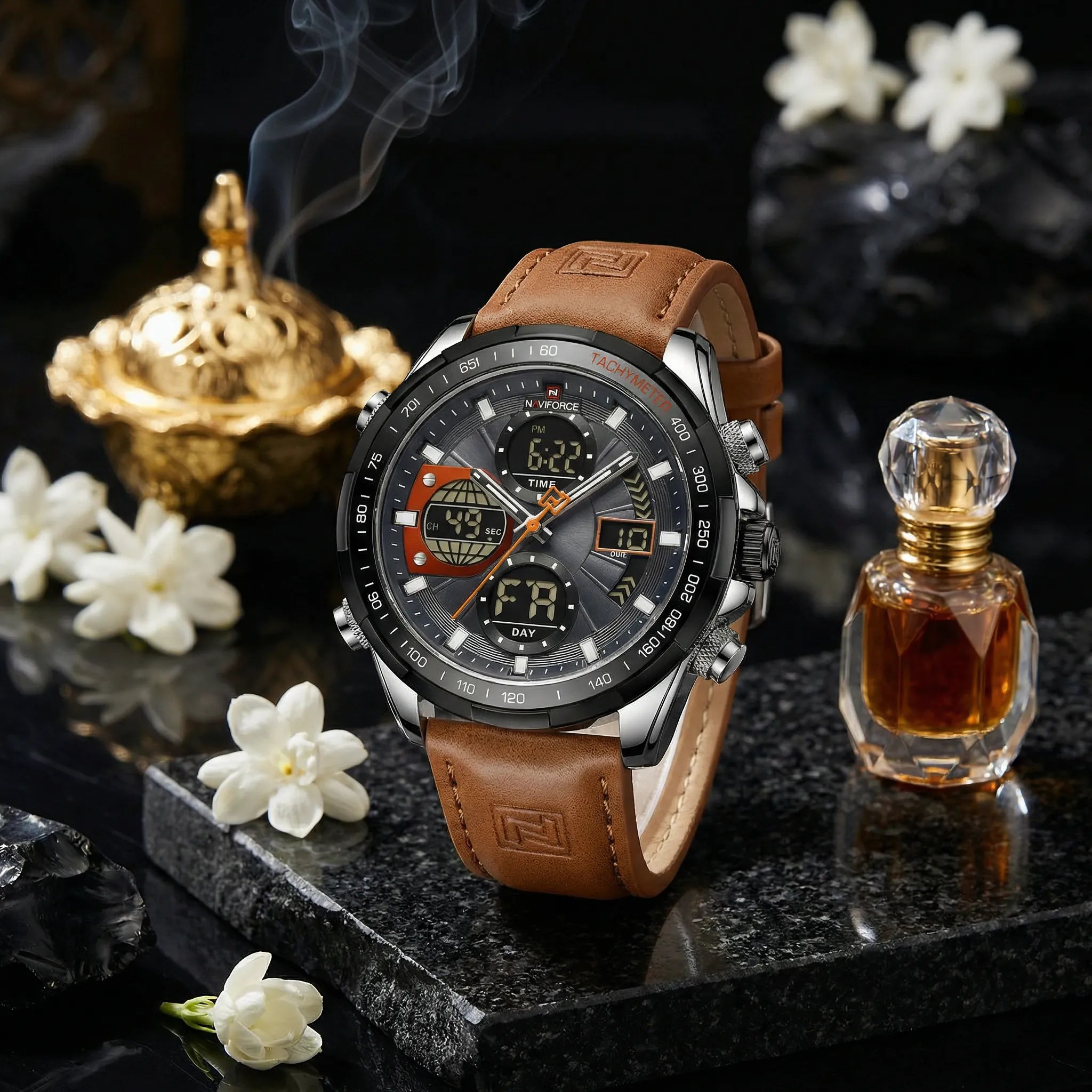 Detailed view of the heavy-duty brown leather strap on a military style chronograph watch.