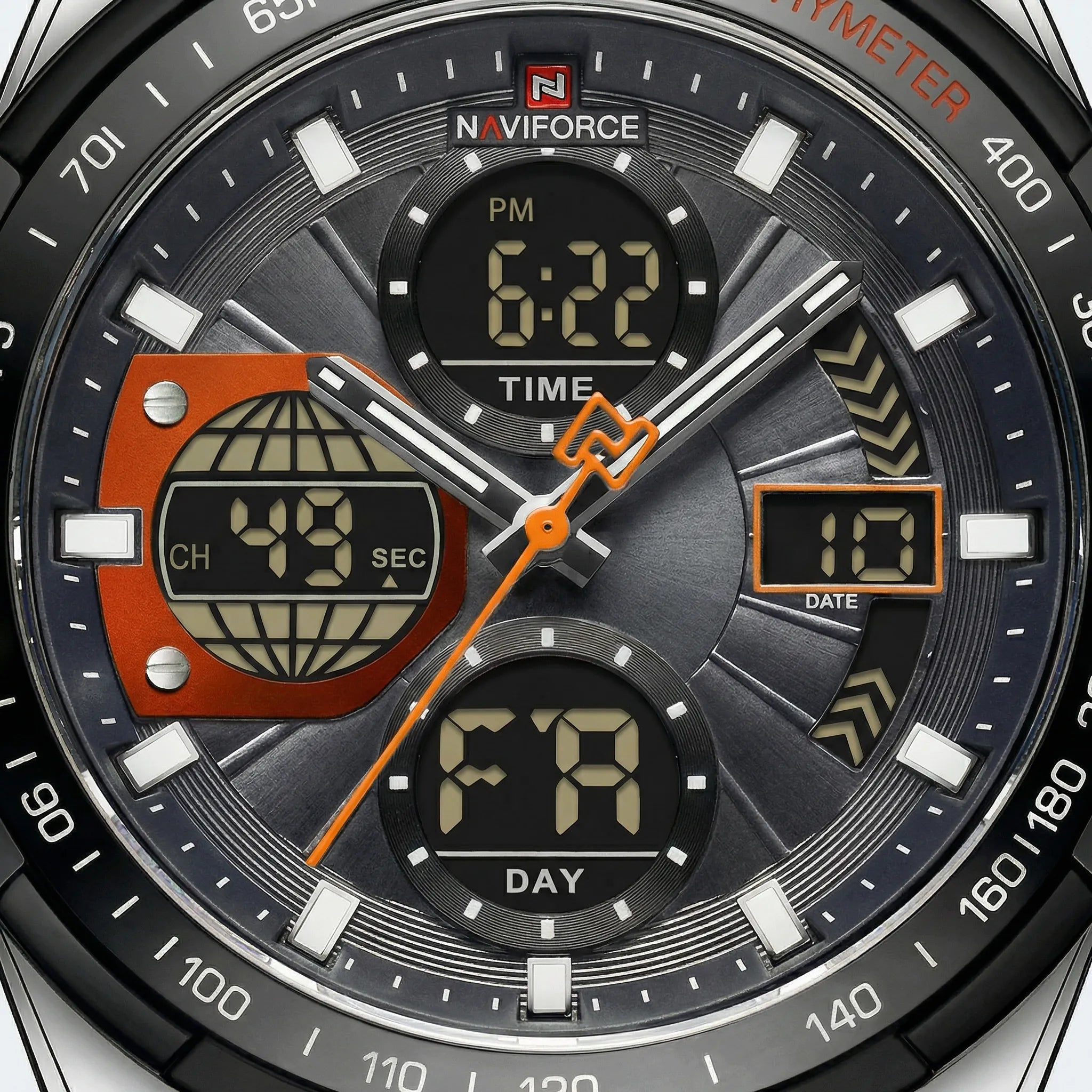 Close-up of the complex dial on a military sports watch, highlighting its dual-display features.