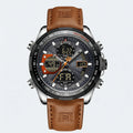 Detailed front view of a military style sports watch with a brown leather strap, a rugged chronograph watch.