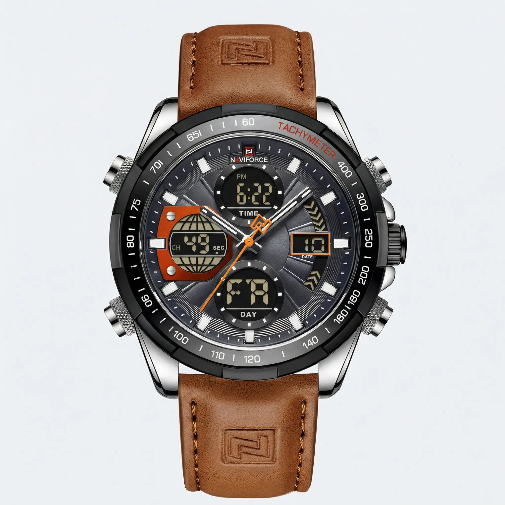 Detailed front view of a military style sports watch with a brown leather strap, a rugged chronograph watch.