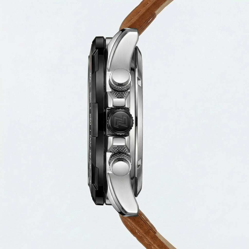 Angled presentation of a military style sports watch, a durable analog watch for men.