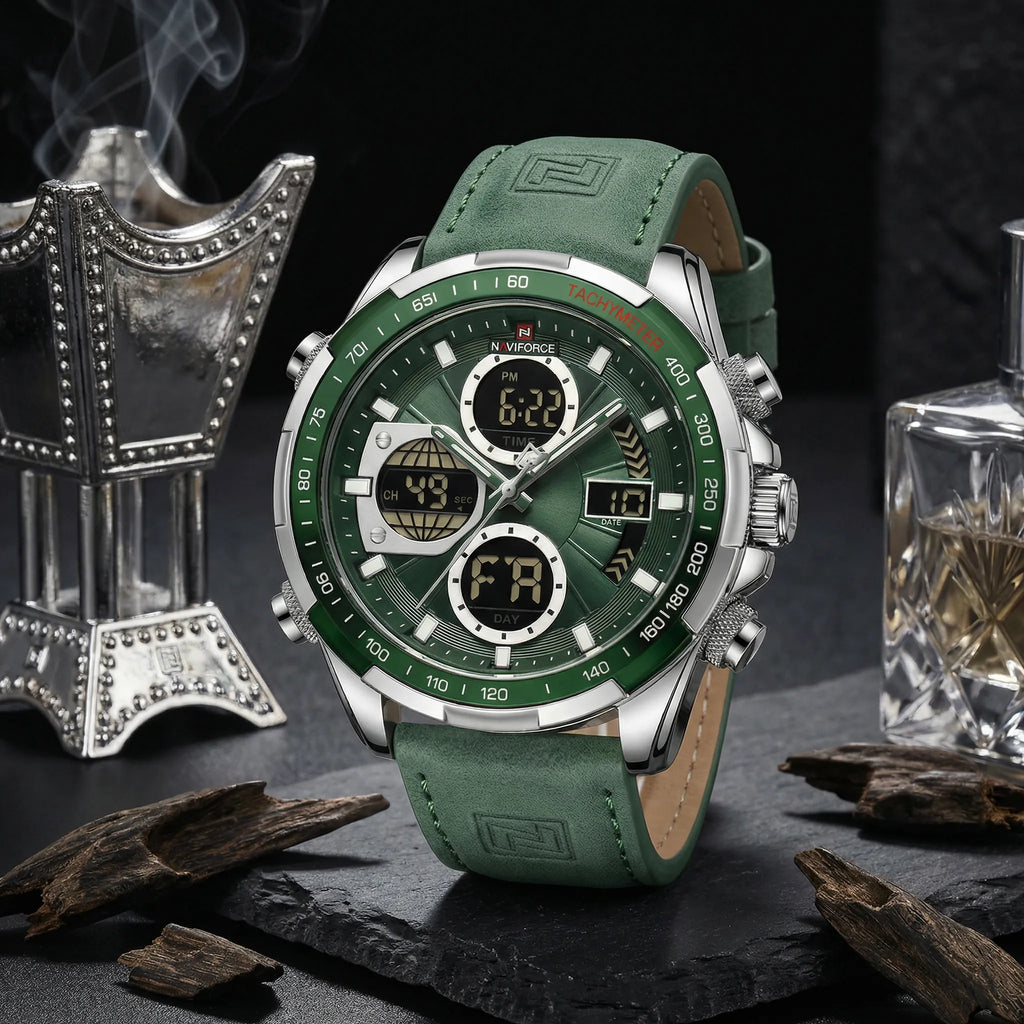 Man wearing a military style green sports watch on his wrist, a rugged wrist watch for men.