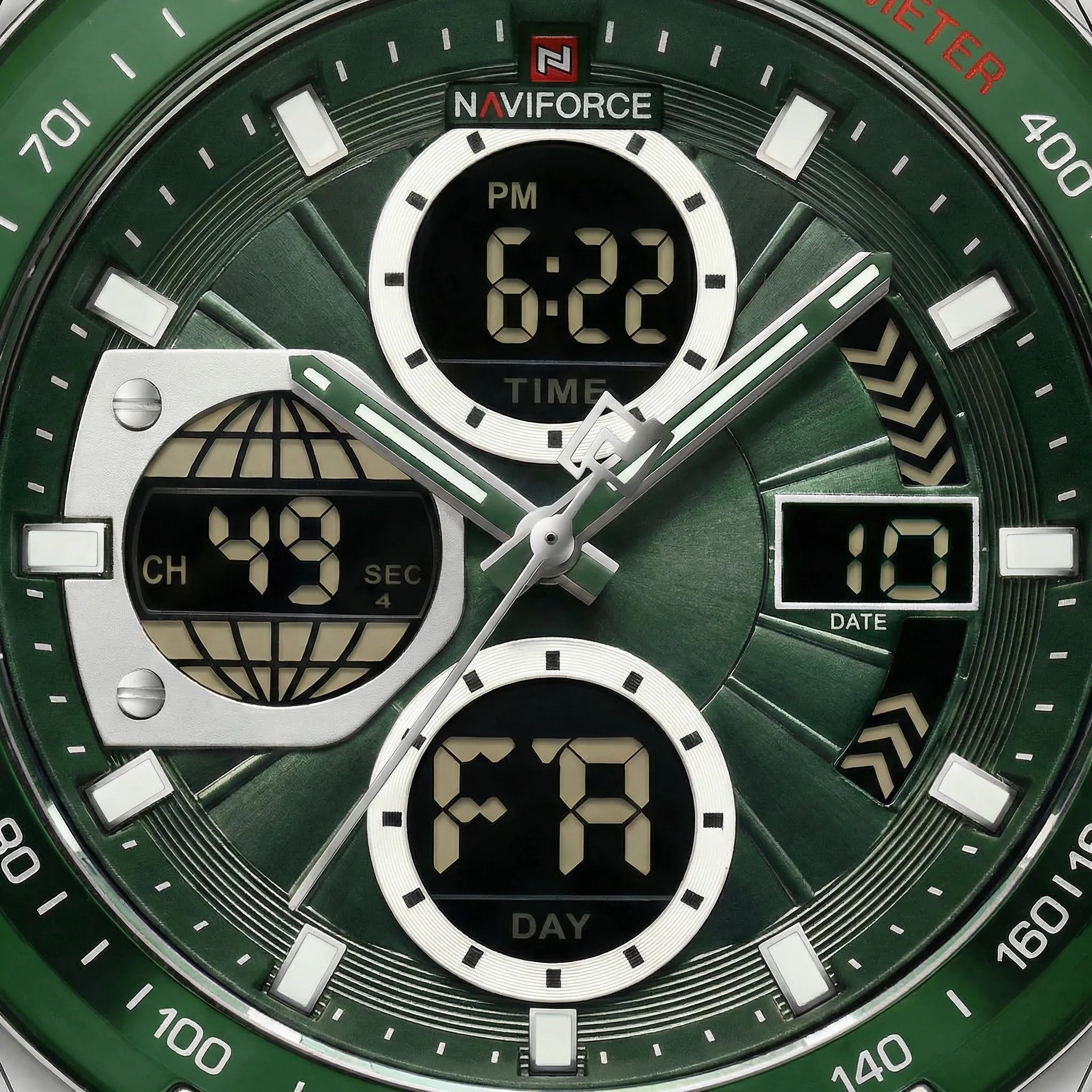 Close-up of the complex dual-display dial on a military sports watch, a highly functional analog watch.