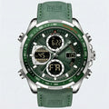 Detailed front view of a military style sports watch with a green dial, a heavy-duty chronograph watch.