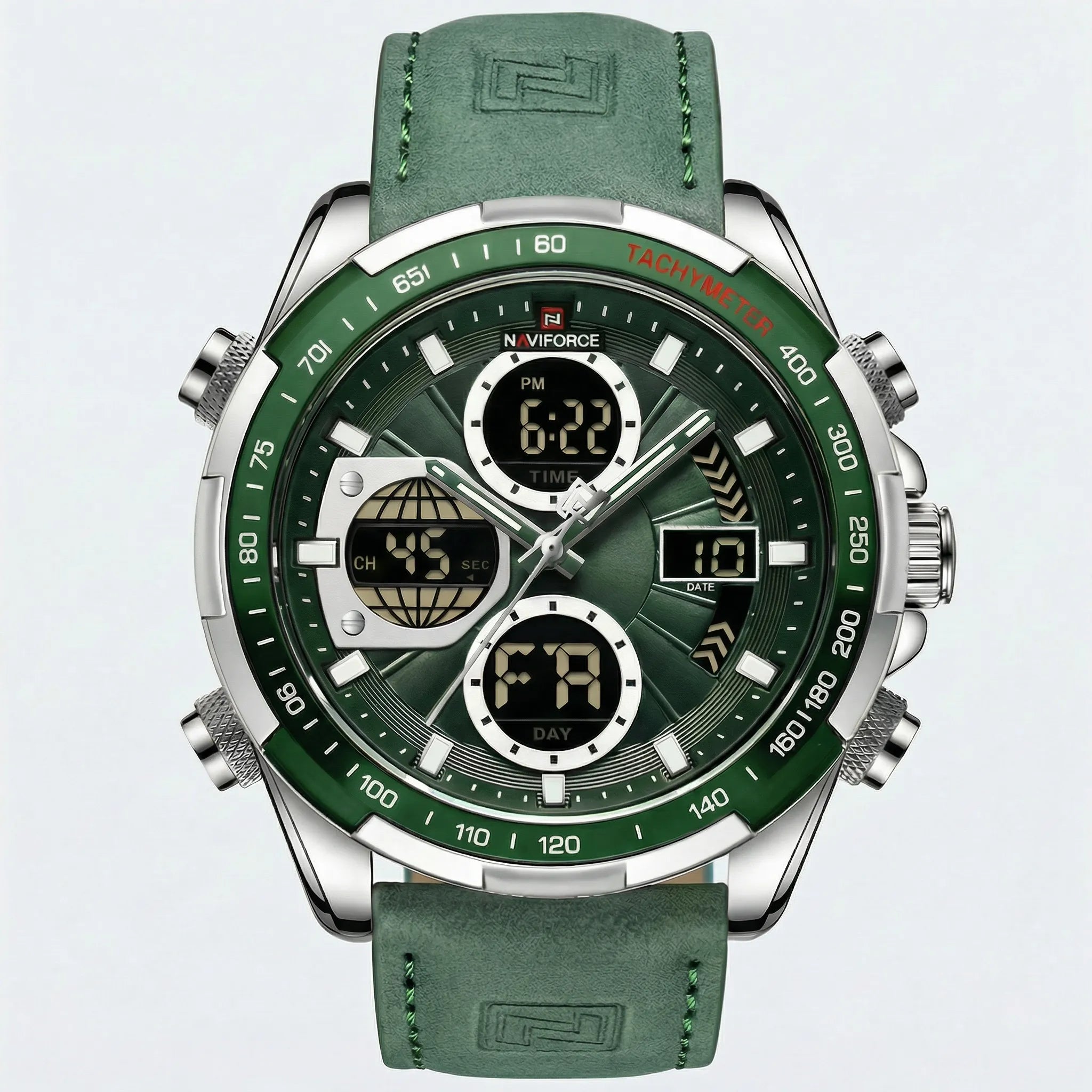 Detailed front view of a military style sports watch with a green dial, a heavy-duty chronograph watch.