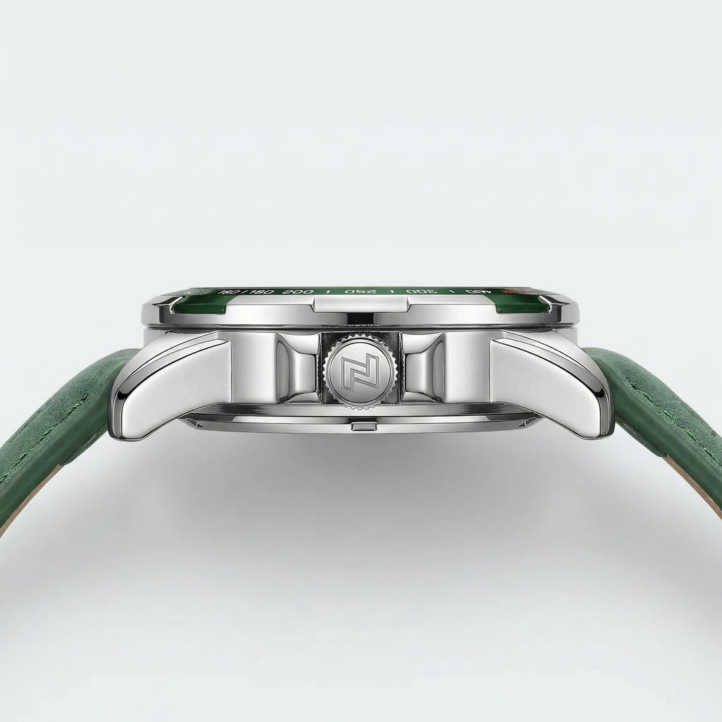Angled presentation of a rugged green sports watch, a top tier choice among sports watches for men.