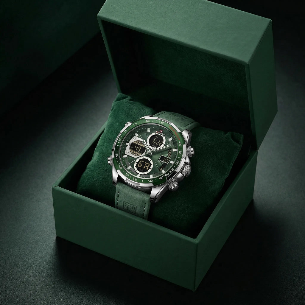 Detailed view of the robust heavy-duty strap on a green military style chronograph watch.