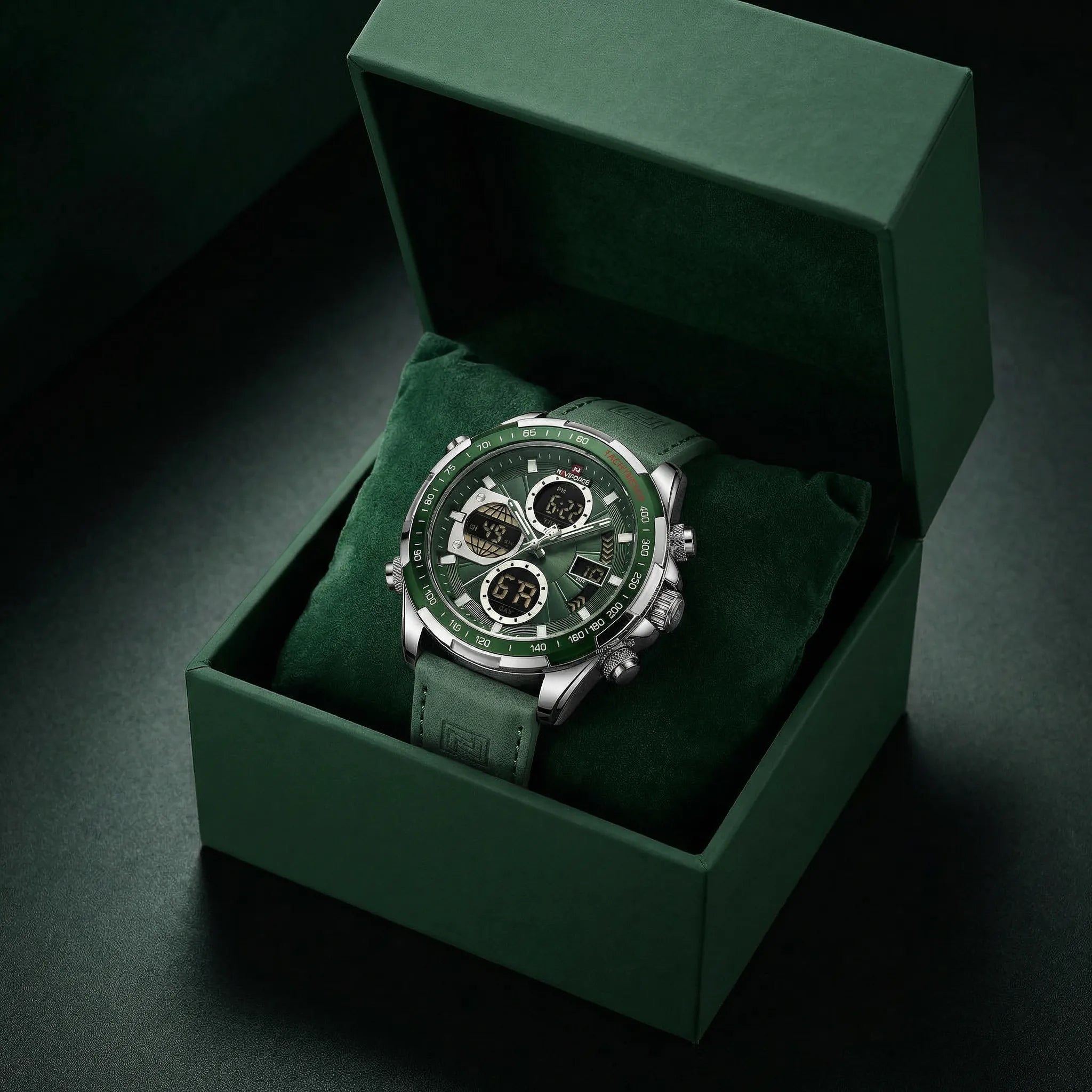 Detailed view of the robust heavy-duty strap on a green military style chronograph watch.