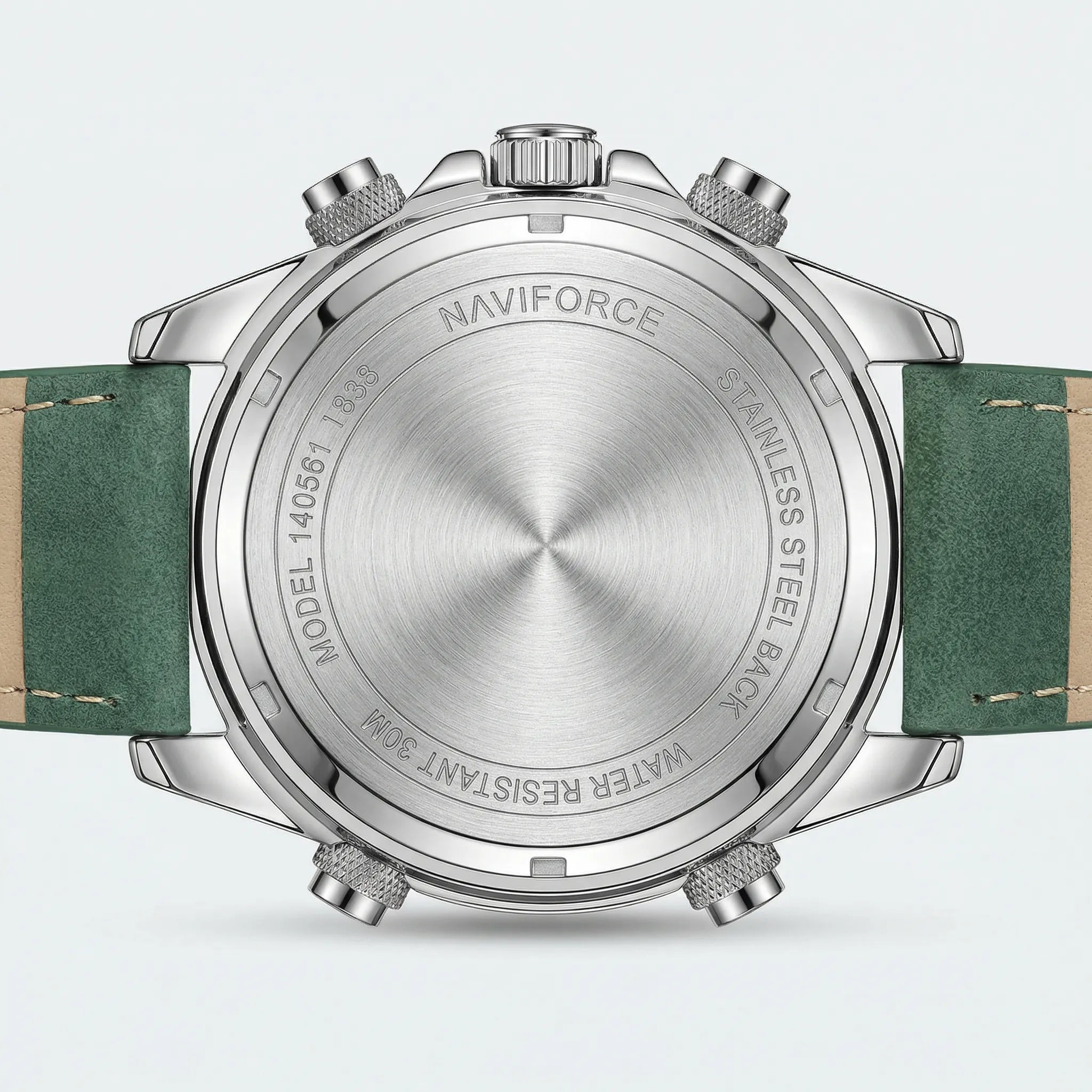 Classic straight-on view of a green military style watch, an essential active lifestyle accessory.