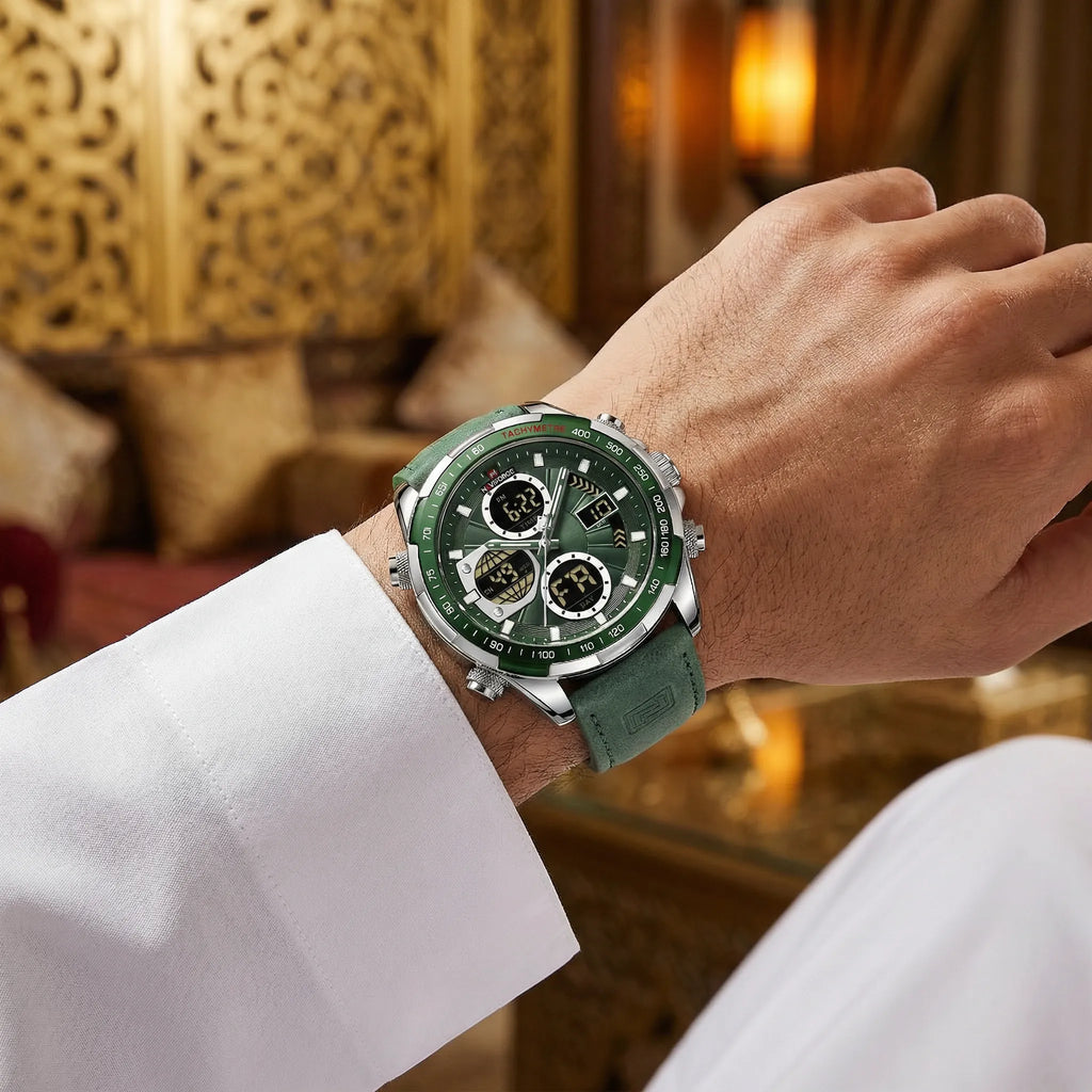 Premium green sports watch presented in a secure box, an impressive gift for men.
