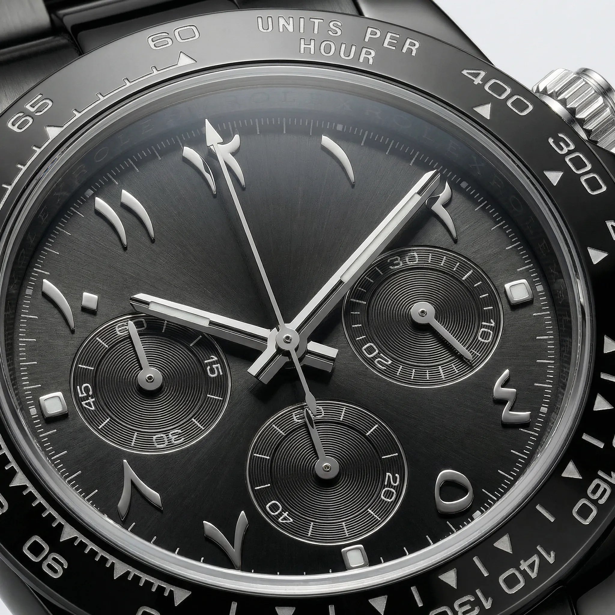 Close-up of the crisp black Arabic dial on a modern watch, highlighting its readable numerals.