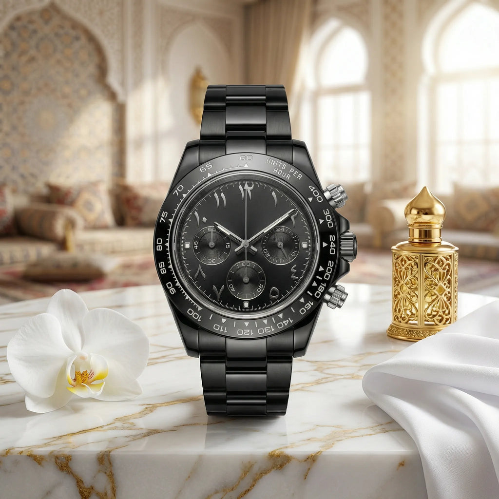 Front presentation of a sleek minimalist watch, a highly desirable black watch for men.