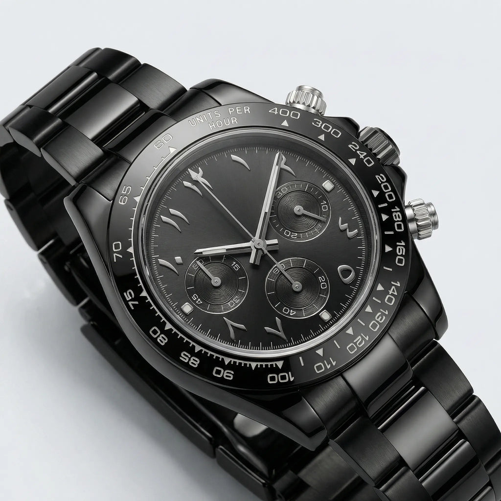 Detailed look at the integrated stainless steel band on a sleek watch with a black Arabic dial.