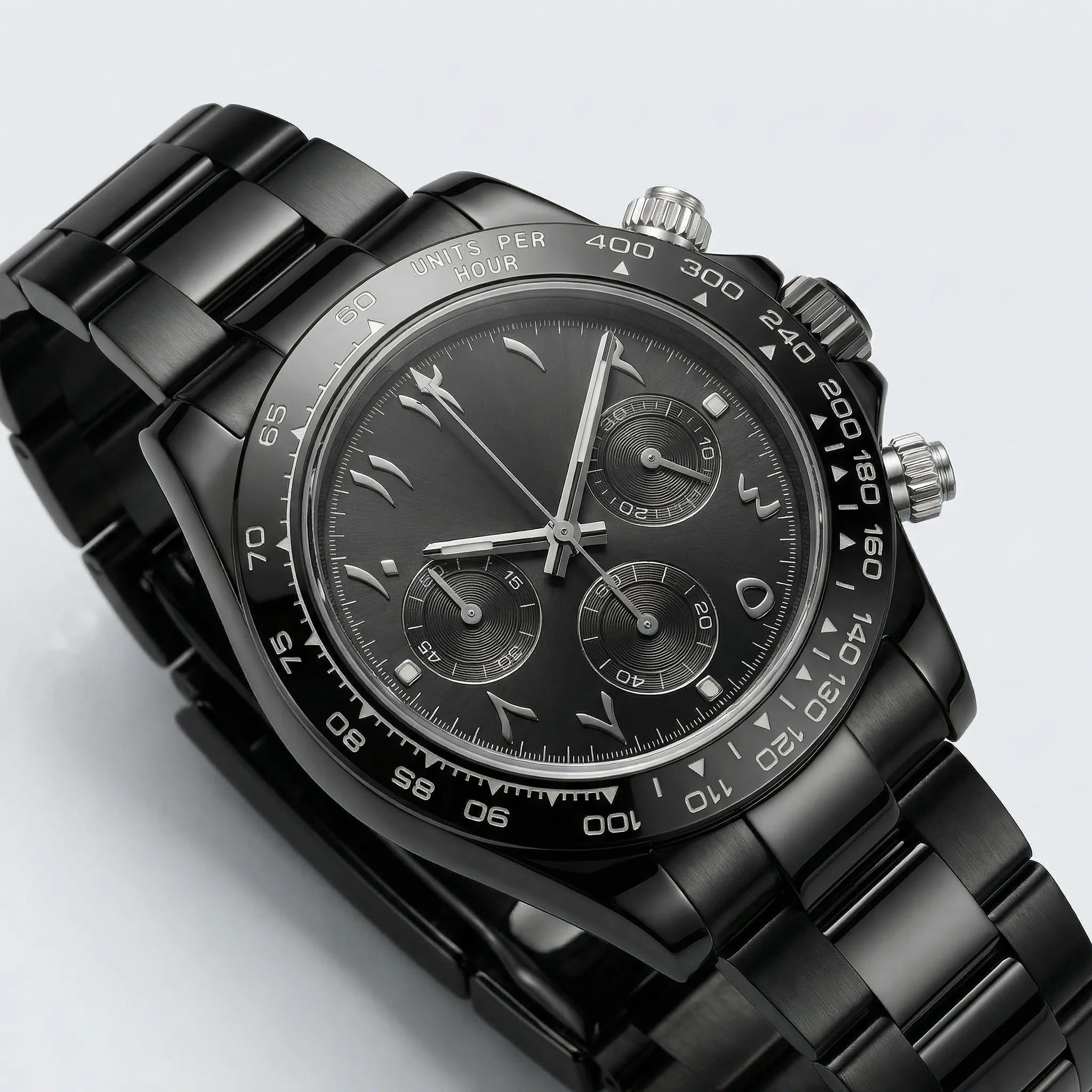 Detailed look at the integrated stainless steel band on a sleek watch with a black Arabic dial.