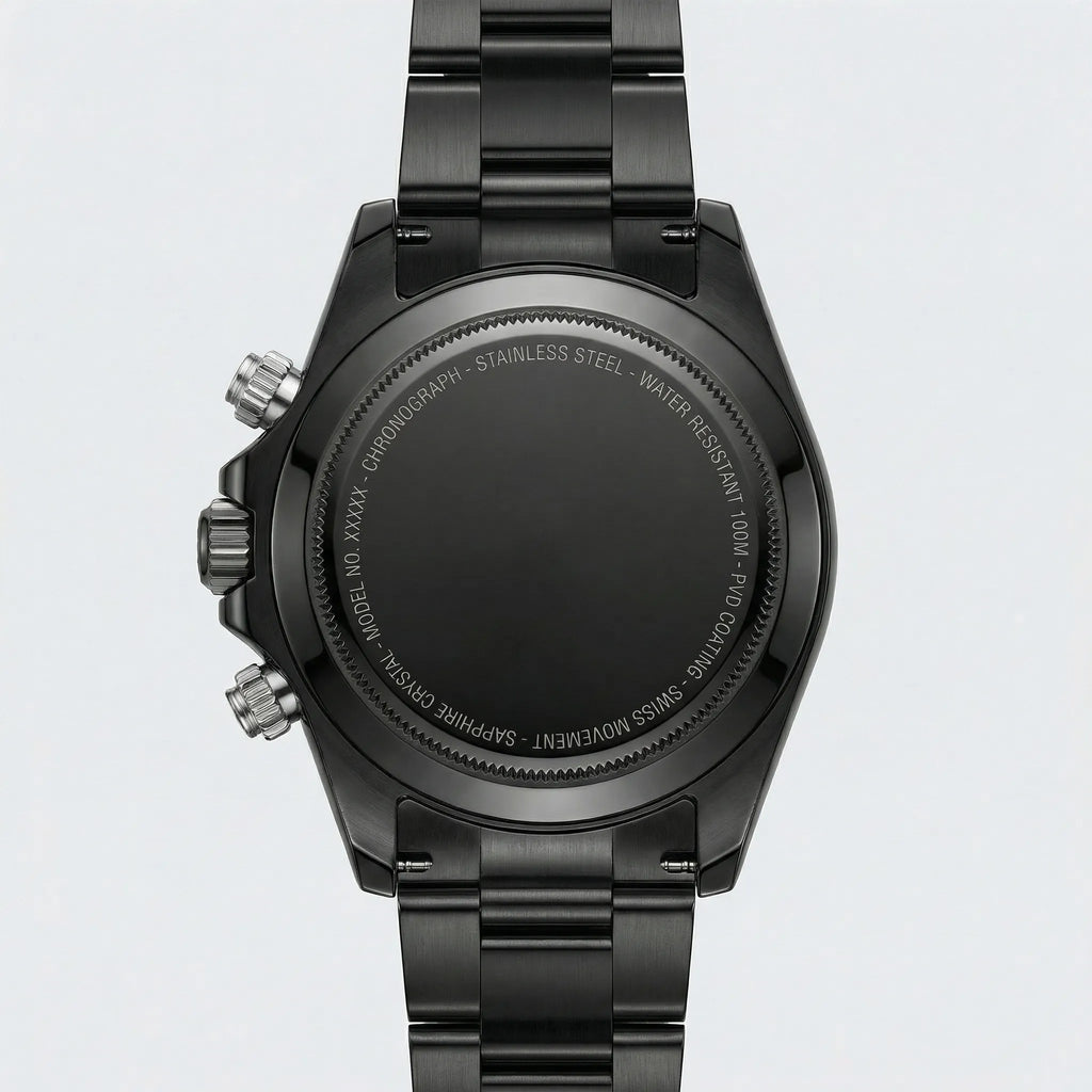 Classic straight-on view of a watch with a black Arabic dial, an elegant dress watch.