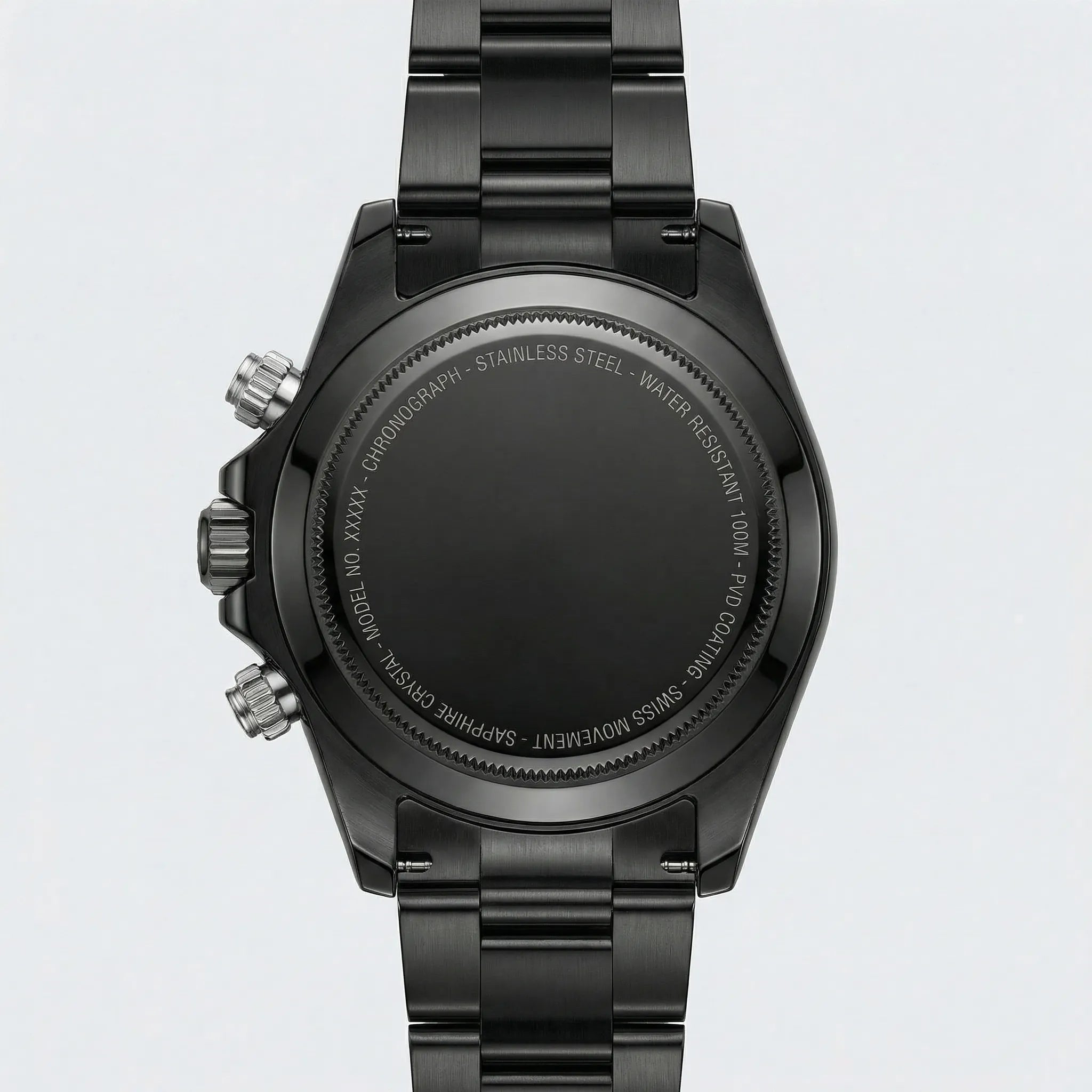 Classic straight-on view of a watch with a black Arabic dial, an elegant dress watch.